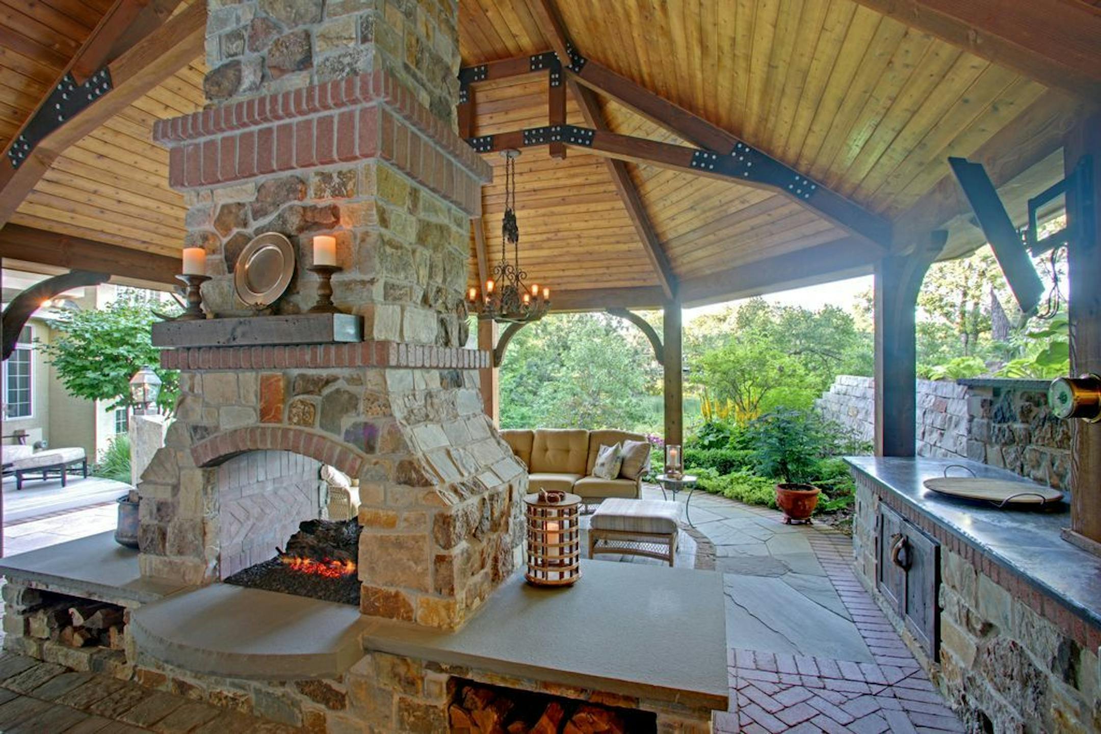 There's a two-sided stone fireplace.