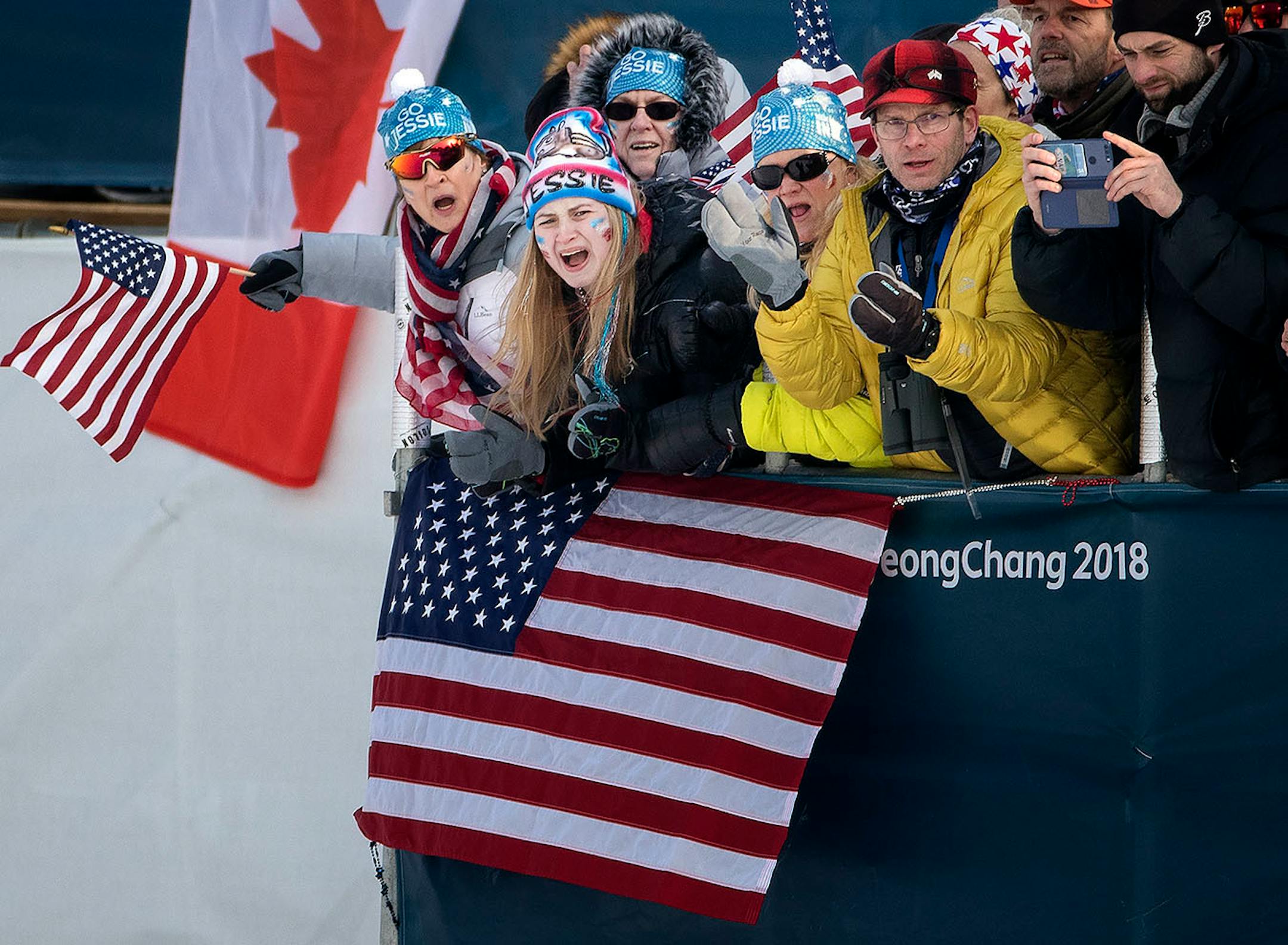Jessie Diggins from Afton, Minnesota was cheered on by family members during the women's 7.5km + 7.5km Skiathlon at Alpensia Cross-Country Skiing Centre. Diggins placed fifth in the women's cross-country skiathlon event. Diggins was 10th at the halfway transition, 5.4 seconds off the pace. She was able to take 3.3 seconds off that lead by the halfway point of the second leg, but a grueling pace set by Sweden's Charlotte Kalla over the last three kilometers left the field fighting for silver.