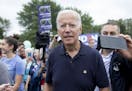 Former vice president Joe Biden, 2020 Democratic presidential candidate, greets attendees at the Polk County Steak Fry in Des Moines, Iowa, on Sept. 2