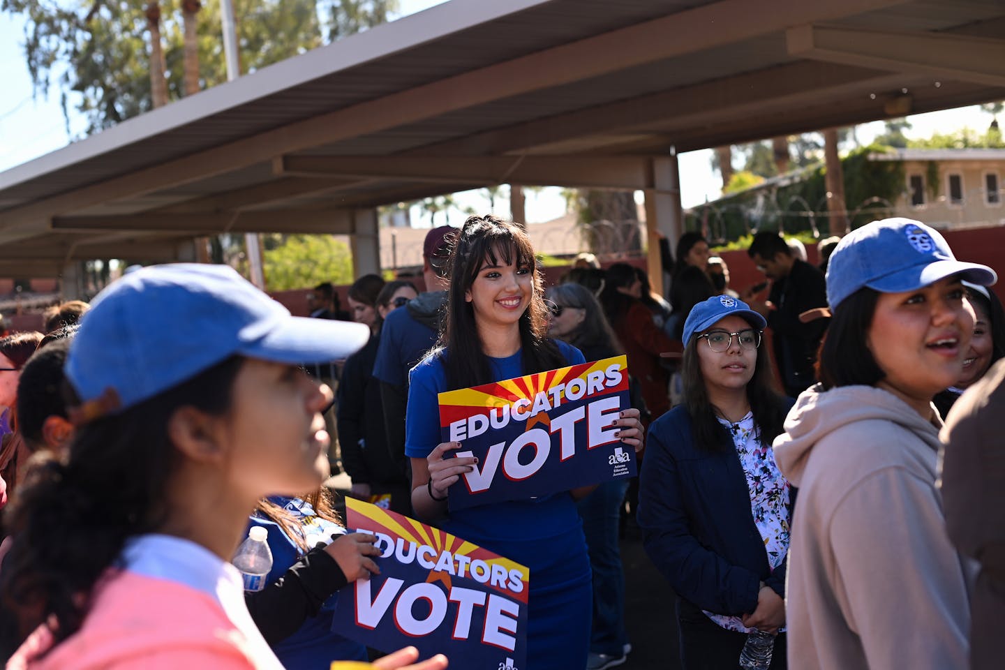 People attended a campaign event outside the Arizona Education Association on Nov. 5, 2022, in Phoenix. MUST CREDIT: Joshua Lott/The Washington Post