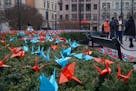 A thousand paper cranes installed by anti-nuclear activists in front of the Norwegian parliament in Oslo, Saturday, Dec. 9, 2017.