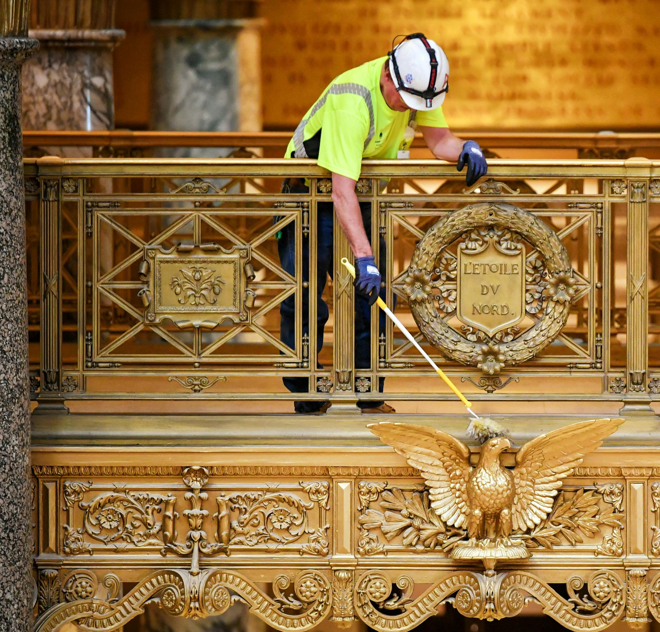 Dan Stewart and Par Kamrath of JE Dunn dusted on the third floor just before the stsrt of session. Parts of the Capitol are still under construction. ] GLEN STUBBE * gstubbe@startribune.com Tuesday, January 3, 2017 The 2017 Minnesota legislative session officially gets underway at 12 noon, when the House and Senate gavel in to swear in new members and other ceremonial duties.