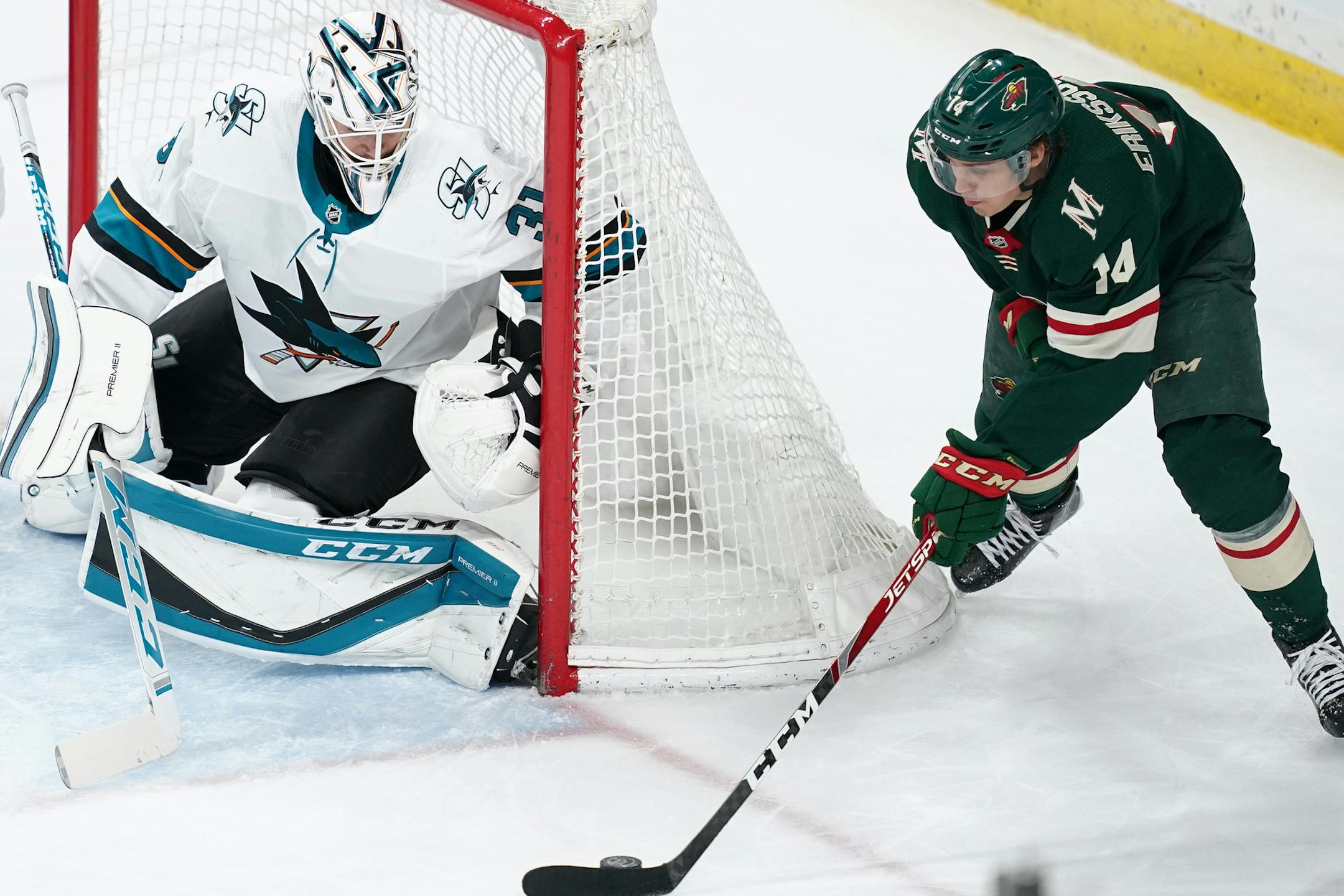Minnesota Wild center Joel Eriksson Ek (14) tried to score on San Jose Sharks goaltender Martin Jones (31) in the second period. ] ANTHONY SOUFFLE • anthony.souffle@startribune.com The Minnesota Wild played the San Jose Sharks Saturday, Feb. 15, 2020 at the Xcel Energy Center in St. Paul, Minn.