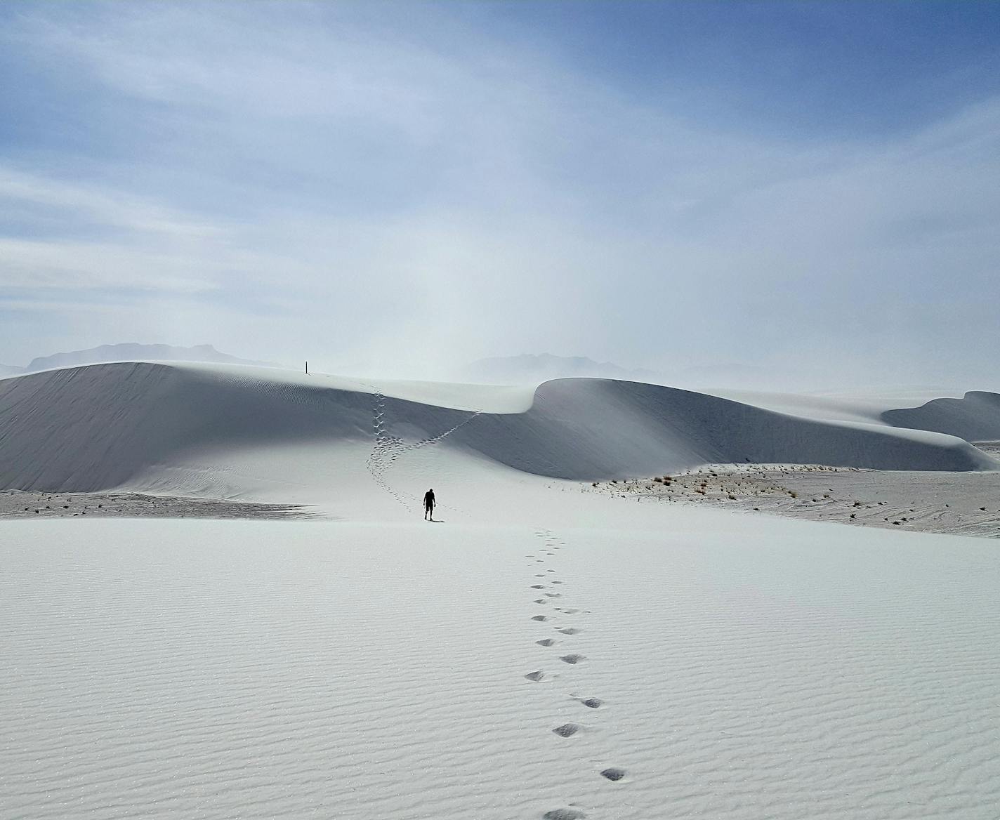 White Sands National Park My husband hiking in the dunes. I gave up and was headed back to the car. I turned around and without being able to see what I was getting, snapped a quick photo.
My name is Deborah Grunnes, I live in Minneapolis. I took this photo with my Samsung Galaxy S6. My husband and I were in White Sands National Park/ Monument in New Mexico. We had planned to hike in the dunes that day, however when we got there the wind was gusting to 30 mph. We thought we were prepared with ou