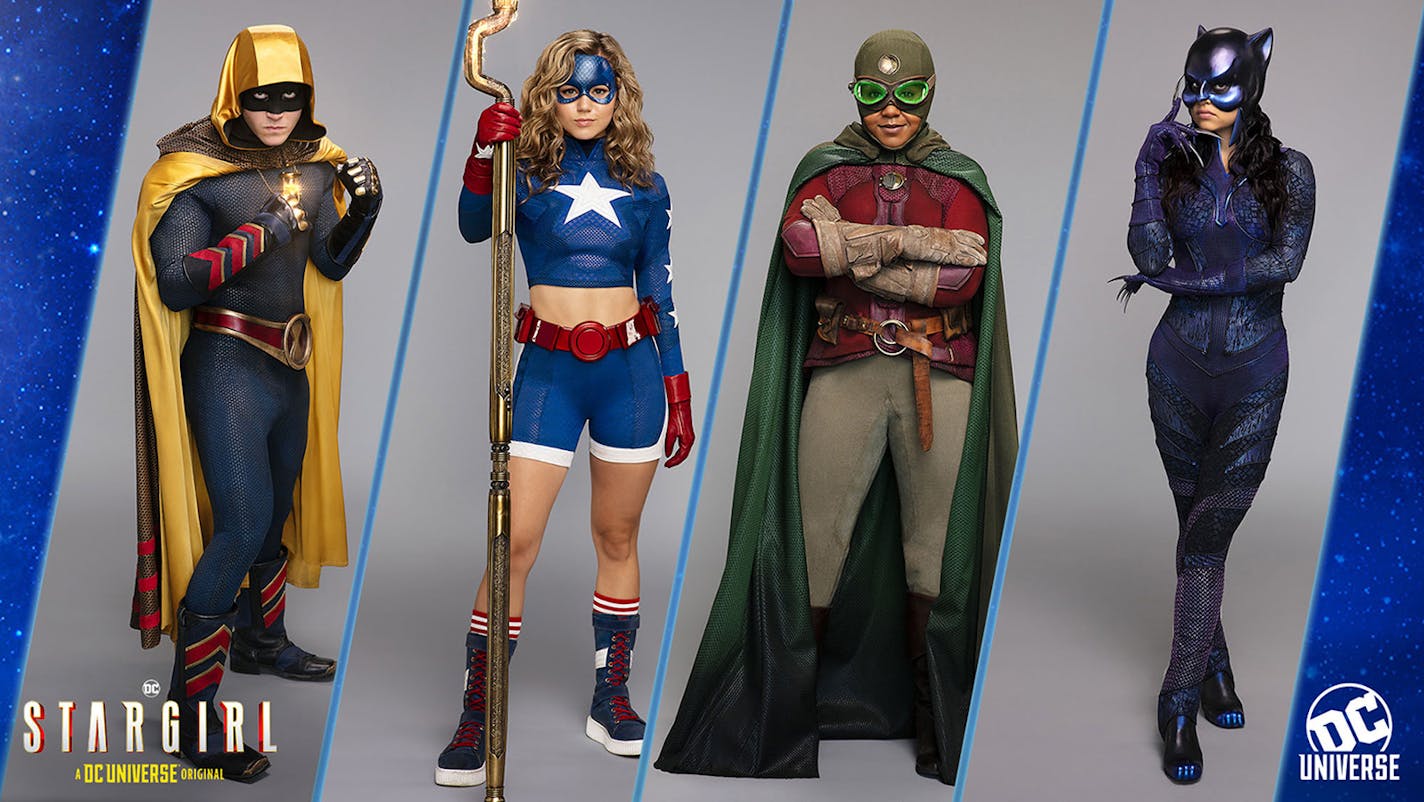 New "Stargirl" faces: Rick Tyler (Cameron Gellman) as Hourman, Courtney Whitmore (Brec Bassinger) as Stargirl, Beth Chapel (Anjelika Washington) as Dr. Mid-Nite II and Yolanda Montez (Yvette Monreal) as Wildcat.