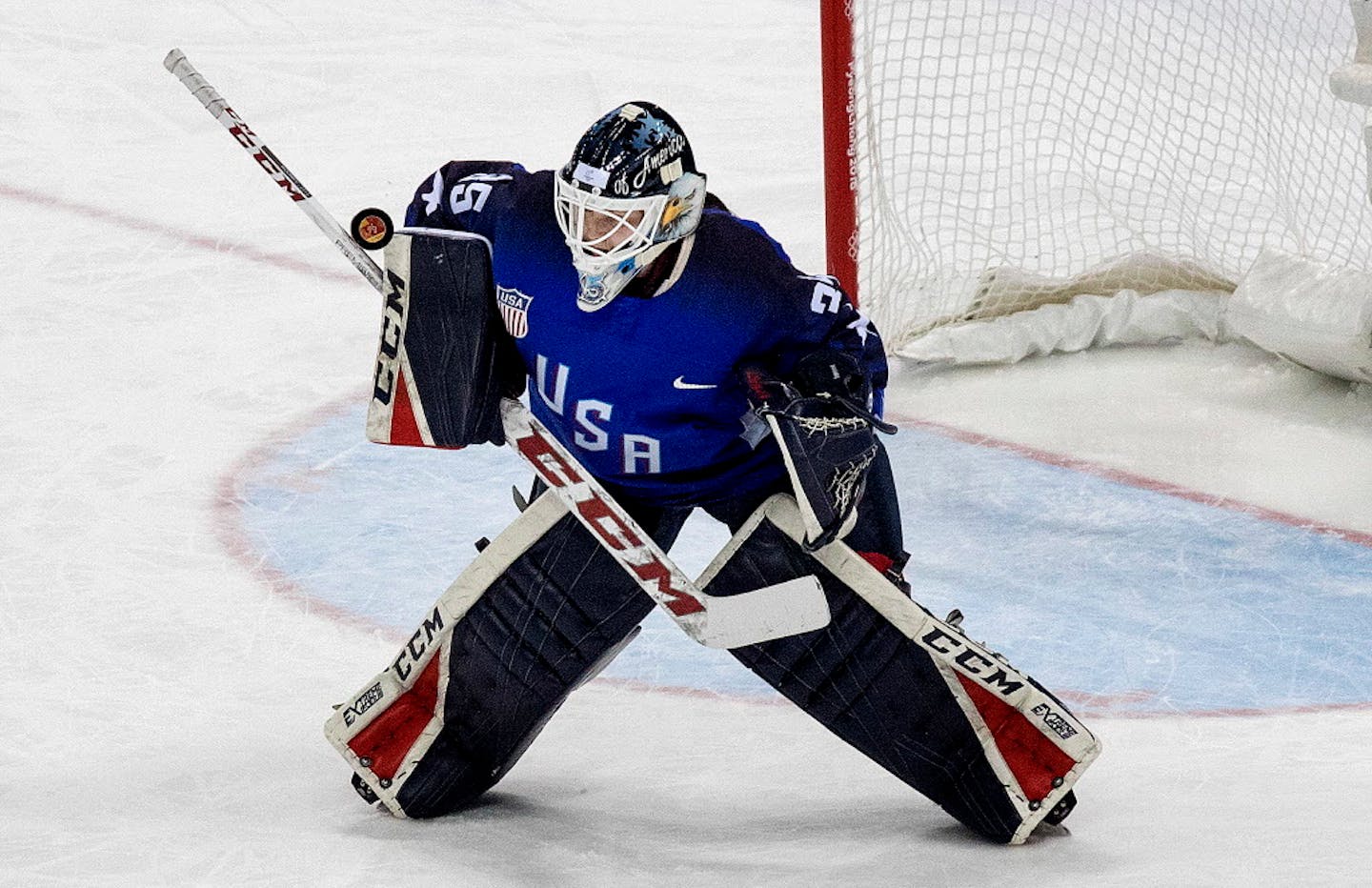 USA goalie Maddie Rooney (35) (Andover, MN) made a save in the third period during the Women's Gold Medal Hockey Game at the Pyeongchang Winter Olympics.