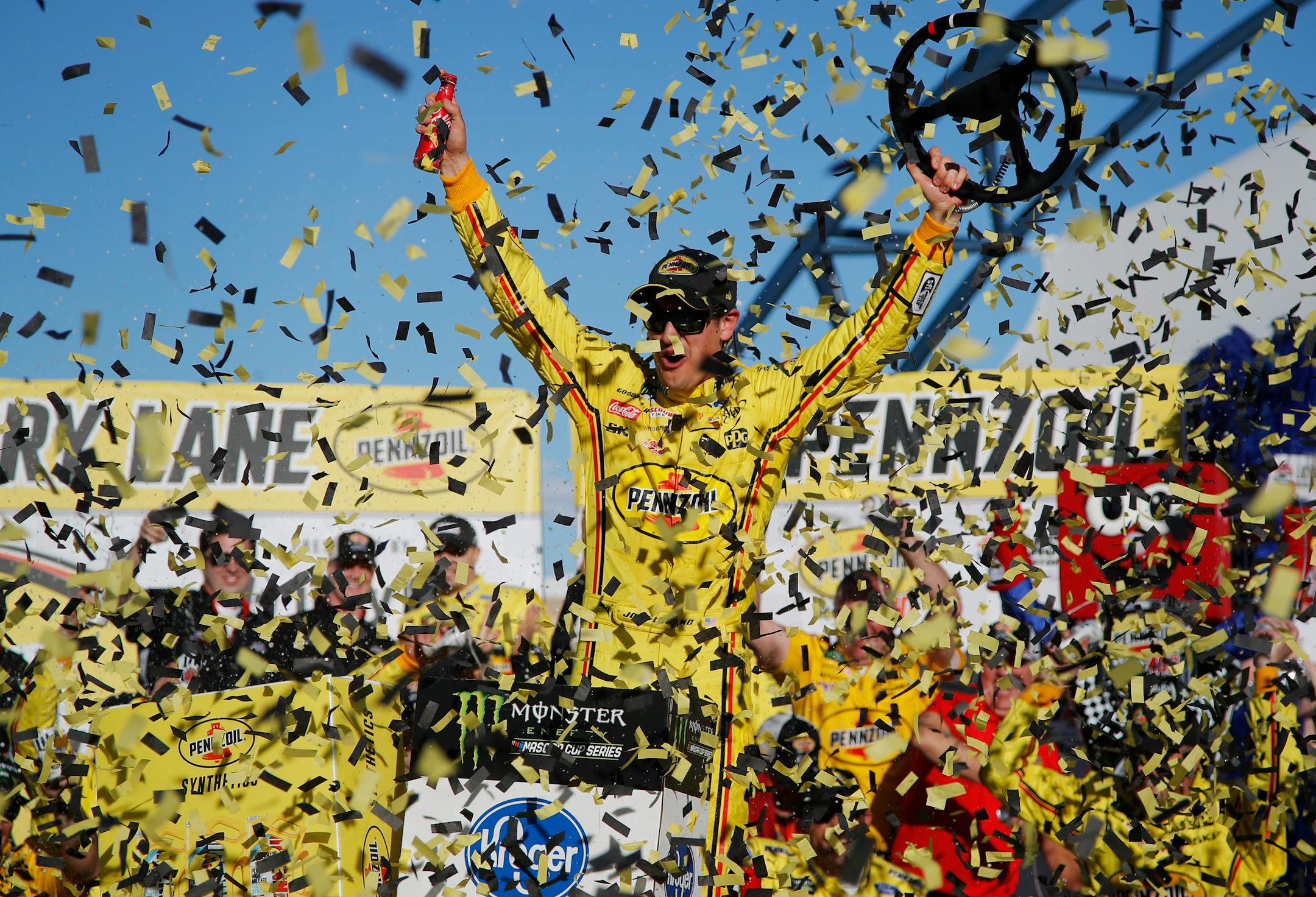 Joey Logano celebrated after winning a NASCAR Cup Series race at Las Vegas Motor Speedway on Sunday.