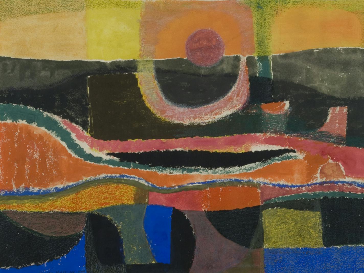 George Morrison, "Sun and River" (1949), watercolor and crayon on paper, From the permanent collection of the Plains Art Museum