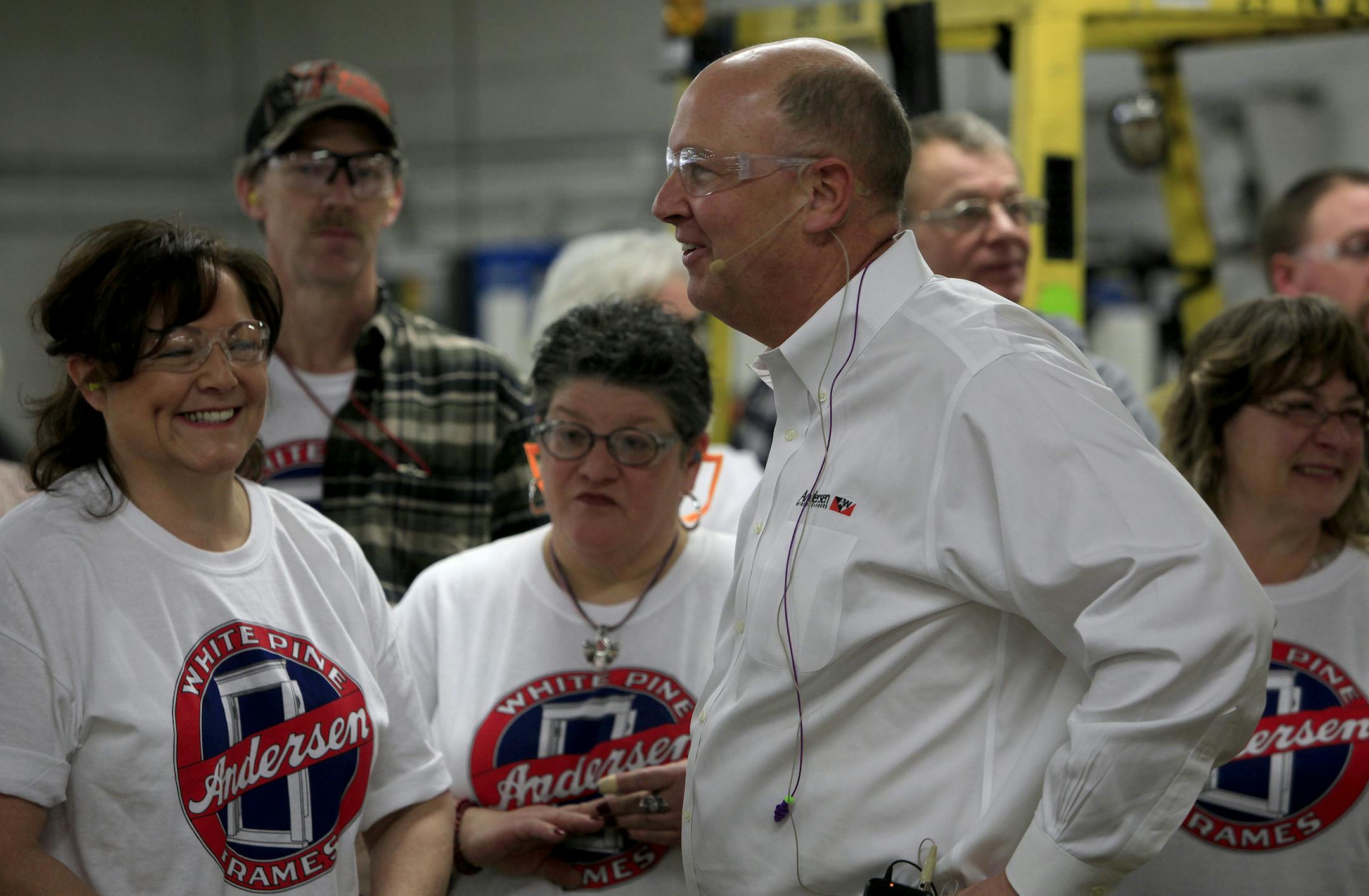 Jay Lund, CEO of Andersen Windows and Doors, talked with workers in Bayport before they produced the company’s last Narroline window. The housing rebound has the company looking to add workers.