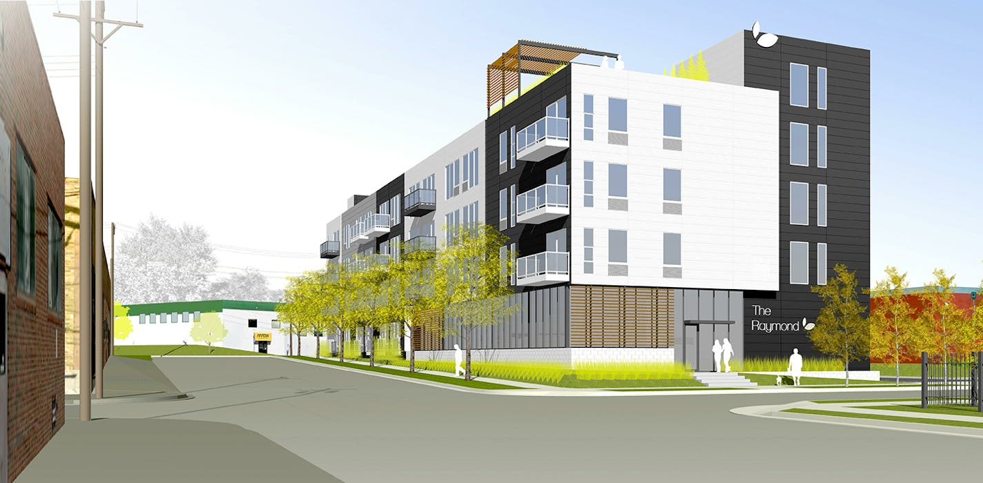 A rendering of the Raymond at Carleton Place, a 79-unit apartment building at 2326 Territorial Rd. in St. Paul's St. Anthony Park neighborhood.