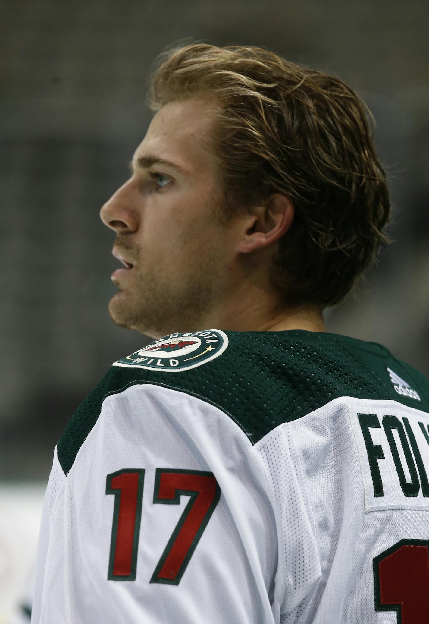 Minnesota Wild wing Marcus Foligno skates before a preseason NHL hockey game against the Dallas Stars, Monday, Sept. 24, 2018, in Dallas. (AP Photo/Mike Stone)