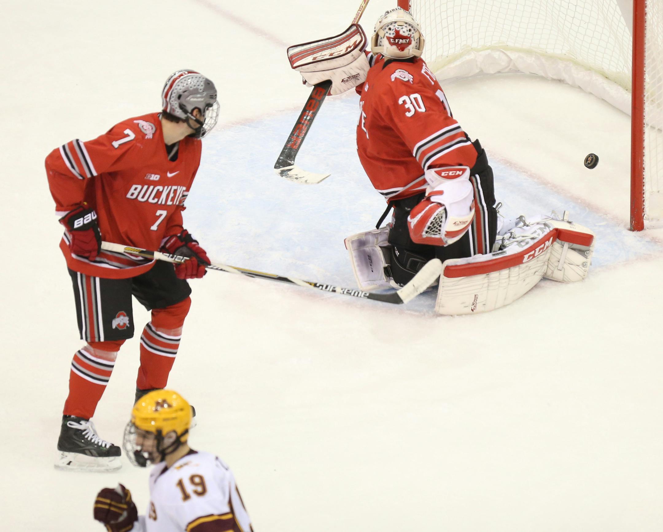 The University of Minnesota's Vinni Lettieri (19) celebrates his second period tip goal past Ohio State goalie Christian Frey (30) during the second period Friday, Feb. 6, 2015, at Mariucci Arena in Minneapolis, MN.](DAVID JOLES/STARTRIBUNE)djoles@startribune.com Gophers men's hockey versus Ohio State Friday, Feb. 6, 2015, at Mariucci Arena in Minneapolis, MN.**Vinni Lettieri, Christian Frey,cq