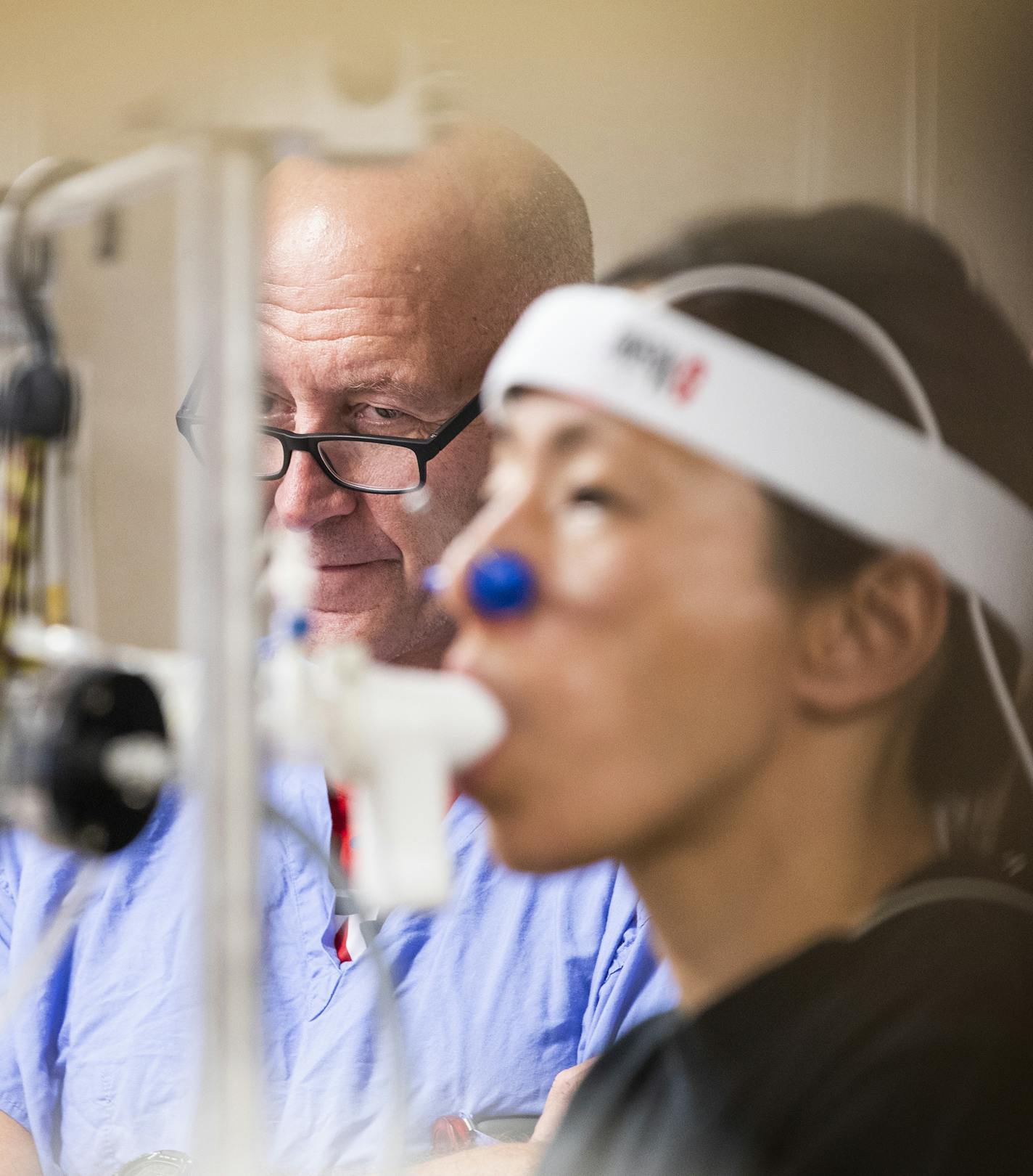 Dr. Michael Joyner observes study patient Akiko Tanaka, who is left shift, during an exercise study on the bike in the Physiology Research Lab. ] LEILA NAVIDI &#xef; leila.navidi@startribune.com BACKGROUND INFORMATION: Dr. Michael Joyner conducts a study simulating less oxygen in the blood and it's effects on a left shift patient in the Human Physiology Research Lab at the Mayo Clinic Hospital, Saint Marys Campus in Rochester on Monday, June 4, 2018. Dr. Joyner is a Mayo Clinic expert on the lim