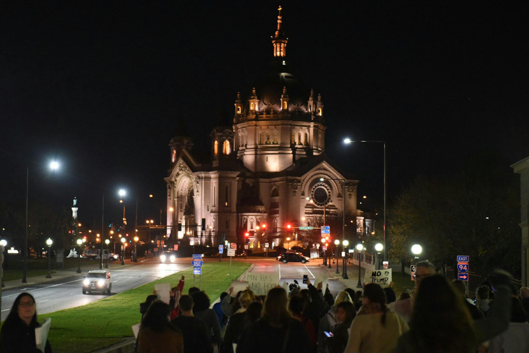 Protesters marched Wednesday night toward the Cathedral of St. Paul. About 200 people were demonstrating against Donald Trump on the streets of St. Paul.