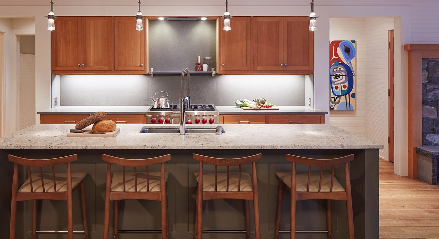 A spacious kitchen for entertaining at the Fish Trap Lake cabin.