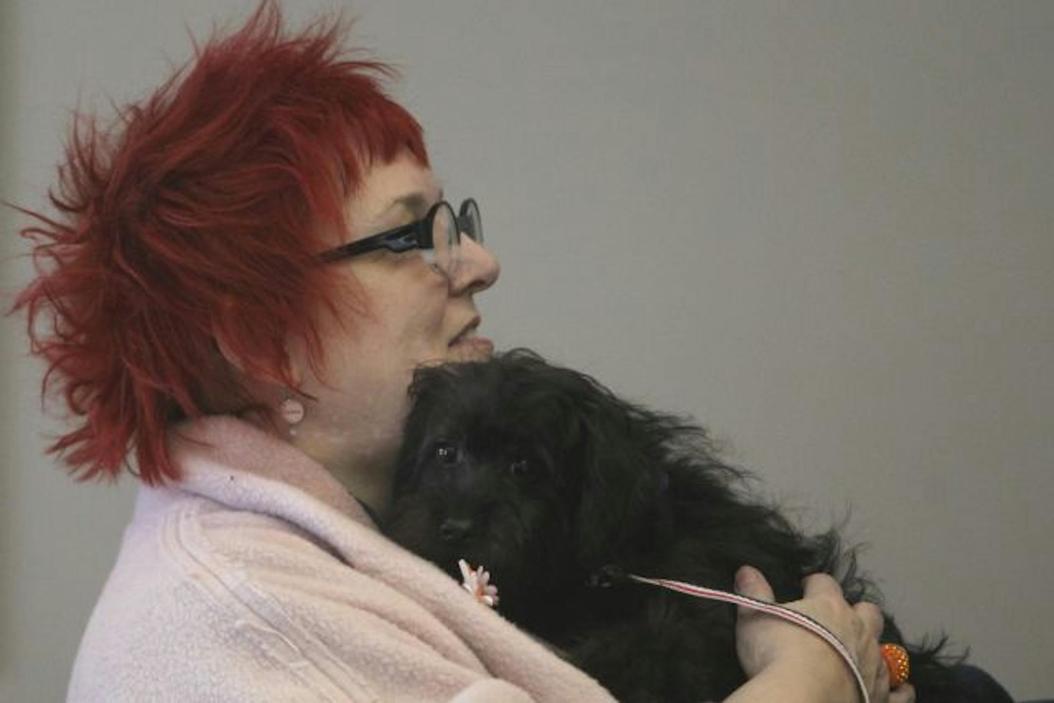 Guess, 5-month-old Schnauzer-poodle mix dog that has been in an animal shelter since the day about three weeks ago that postal workers discovered the dog and stopped the shipment, was adopted in a drawing at Minneapolis Animal Care and Control.In this photo:] Terri Ford of Minneapolis won the drawing and held Guess for the first time. Ford said she had never won anything before Guess.