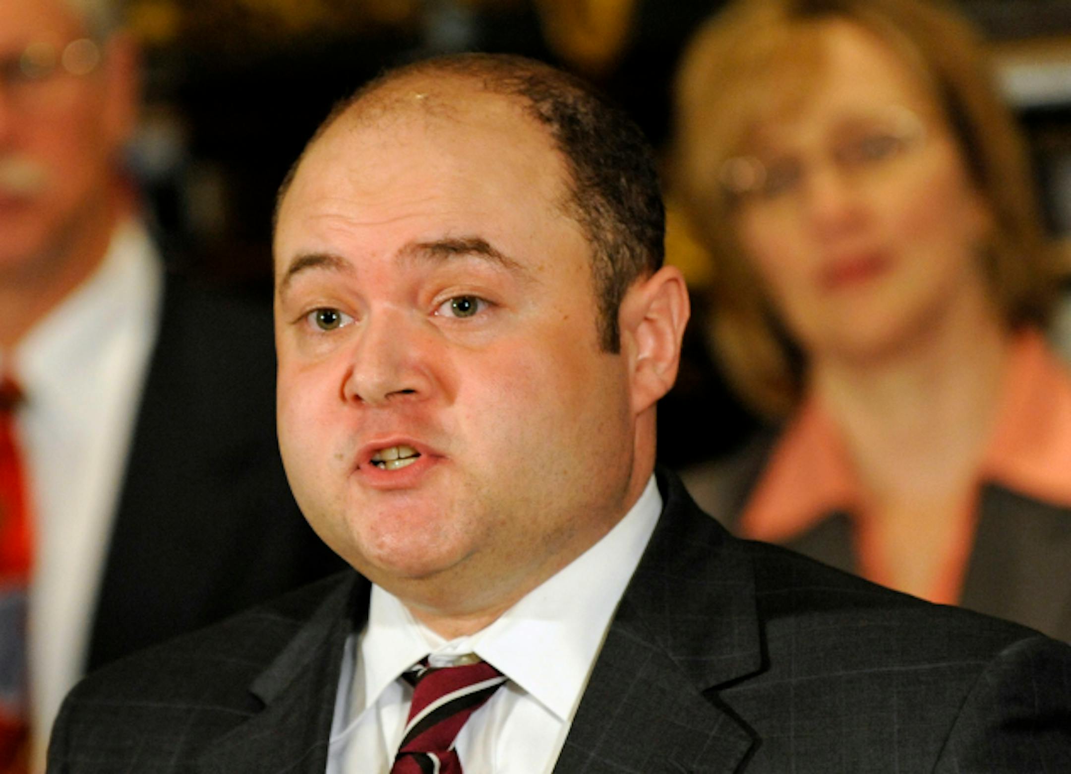 FILE - In tis May 13, 2010 file photo, Minnesota Supreme Court Associate Justice David Stras speaks in St. Paul, Minn. Presumptive Republican presidential nominee Donald Trump has released a list of 11 potential Supreme Court justices he plans to vet to fill the seat of late Justice Antonin Scalia.  (AP Photo/Jim Mone, File)