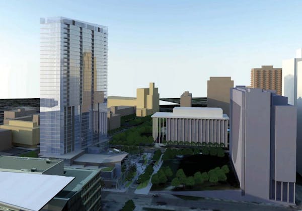 A new rendering shows a glassier building planned by United Properties for redevelopment of the Nicollet Hotel block. This view is from the south with