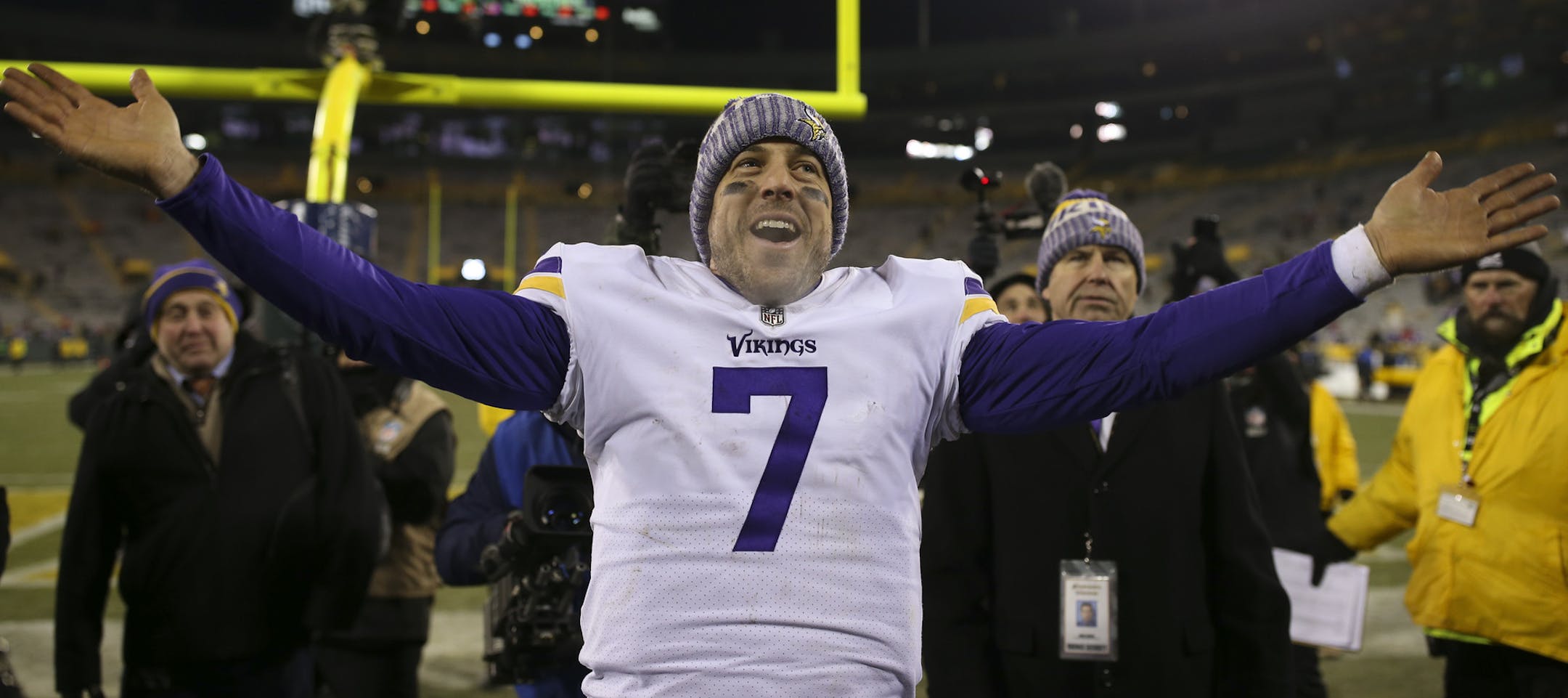Vikings quarterback Case Keenum led Minnesota fans at Lambeau Field in the Skol cheer as he left the field after the victory.