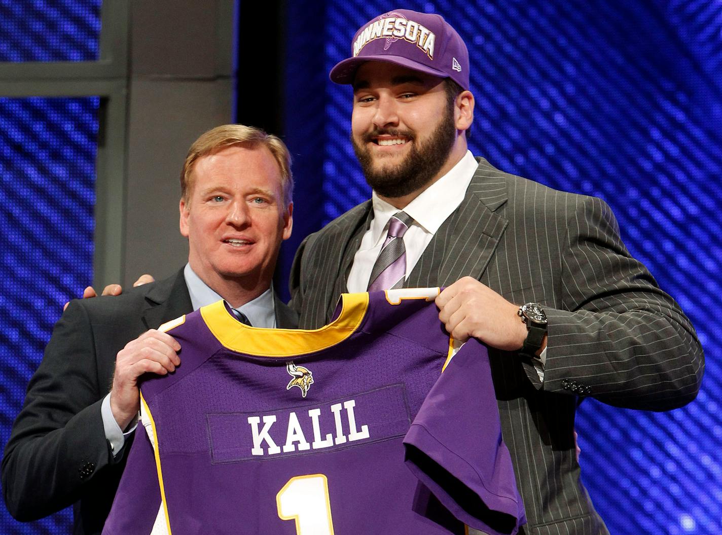 Matt Kalil, with NFL Commissioner Roger Goodell, was the last offensive lineman the Vikings drafted in the first round.