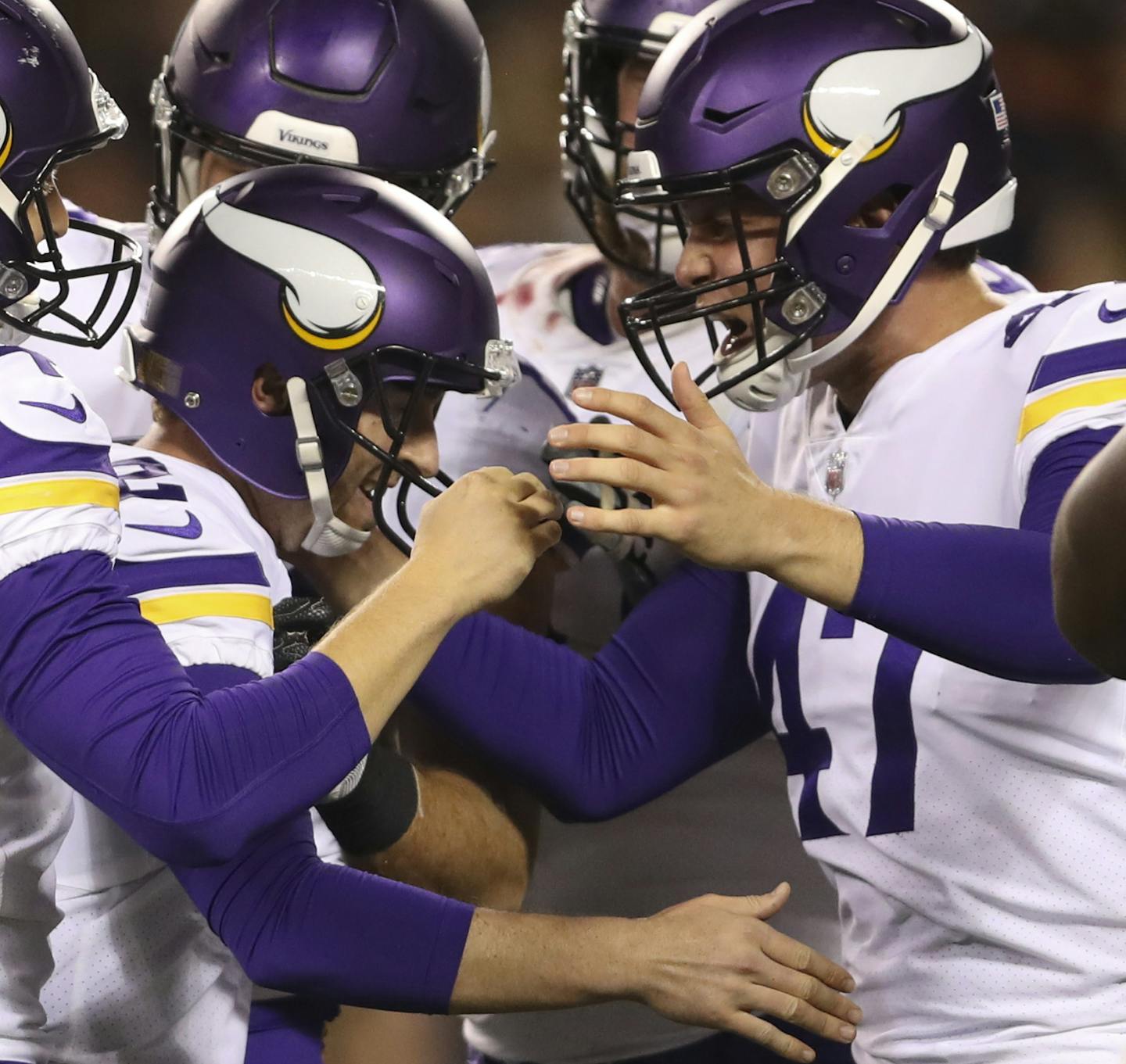 Teammates congratulate Vikings' kicker Kai Forbath after he hit a 26 yard field goal with 16 seconds left on the clock to lift the Vikings over the Bears 20-17. ] JEFF WHEELER &#xef; jeff.wheeler@startribune.com The Minnesota Vikings beat the Chicago Bears 20-17 in an NFL Monday Night Football game on October 9, 2017 at Soldier Field in Chicago.