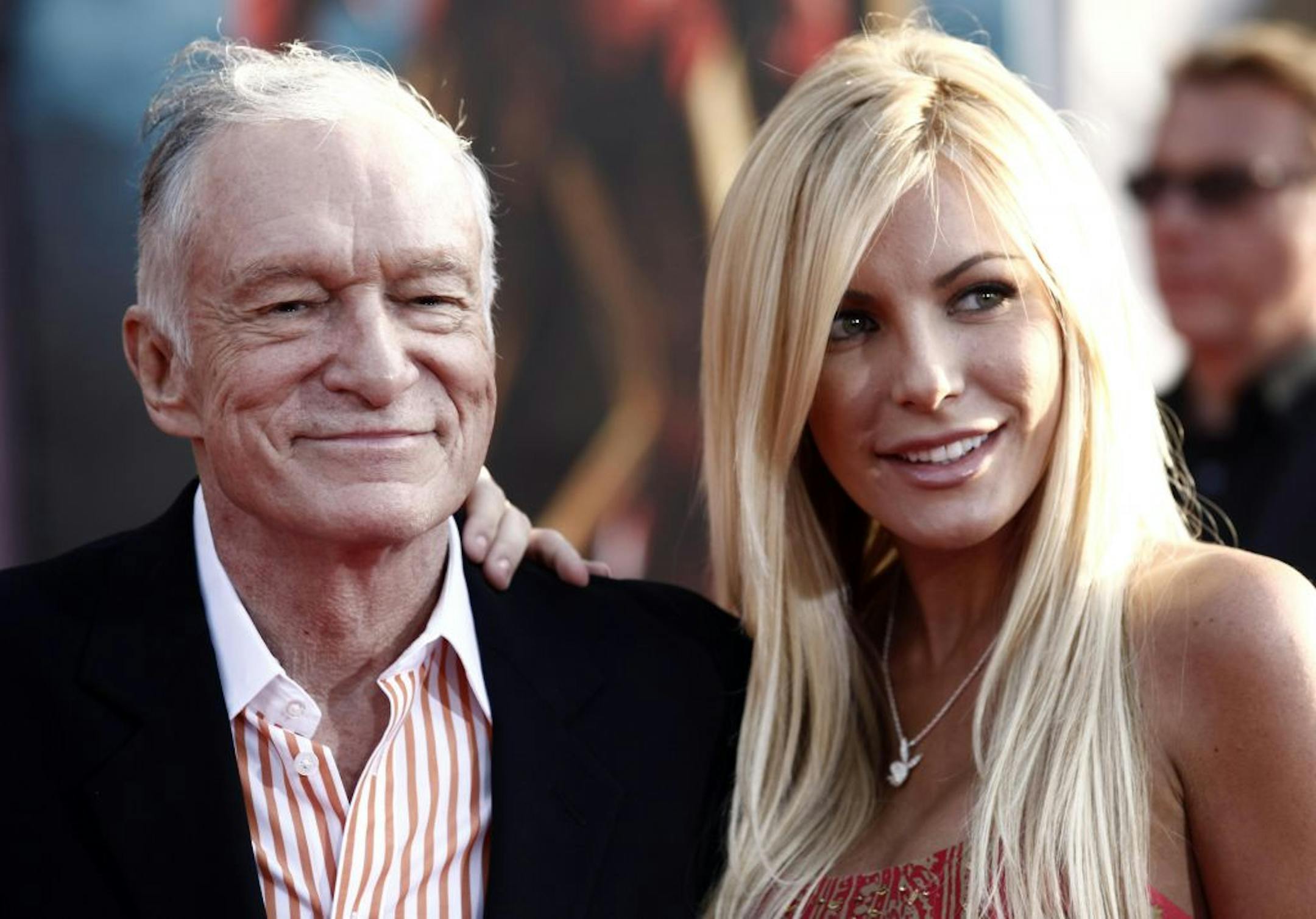 Hugh Hefner, left, and Crystal Harris arrives at the premiere of "Iron Man 2" at the El Capitan Theatre in Los Angeles on Monday, April 26, 2010.