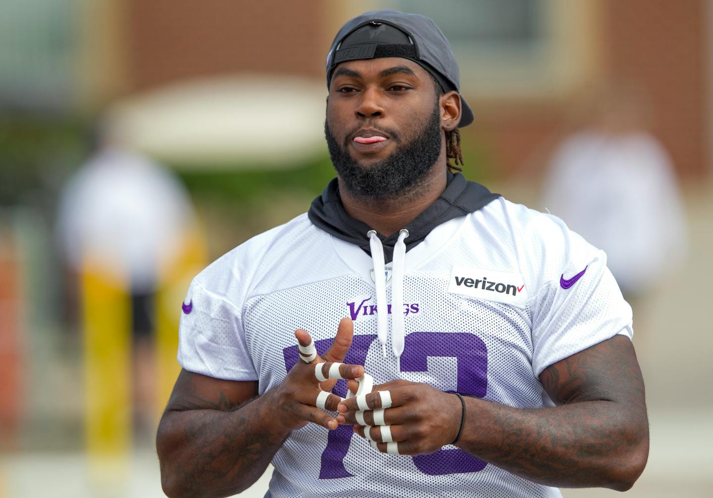 Minnesota Vikings defensive tackle Sharrif Floyd (73) during the first day of the team's NFL football training camp at Mankato State University in Mankato, Minn. on Friday, July, 29, 2016.(AP Photo/Andy Clayton-King)