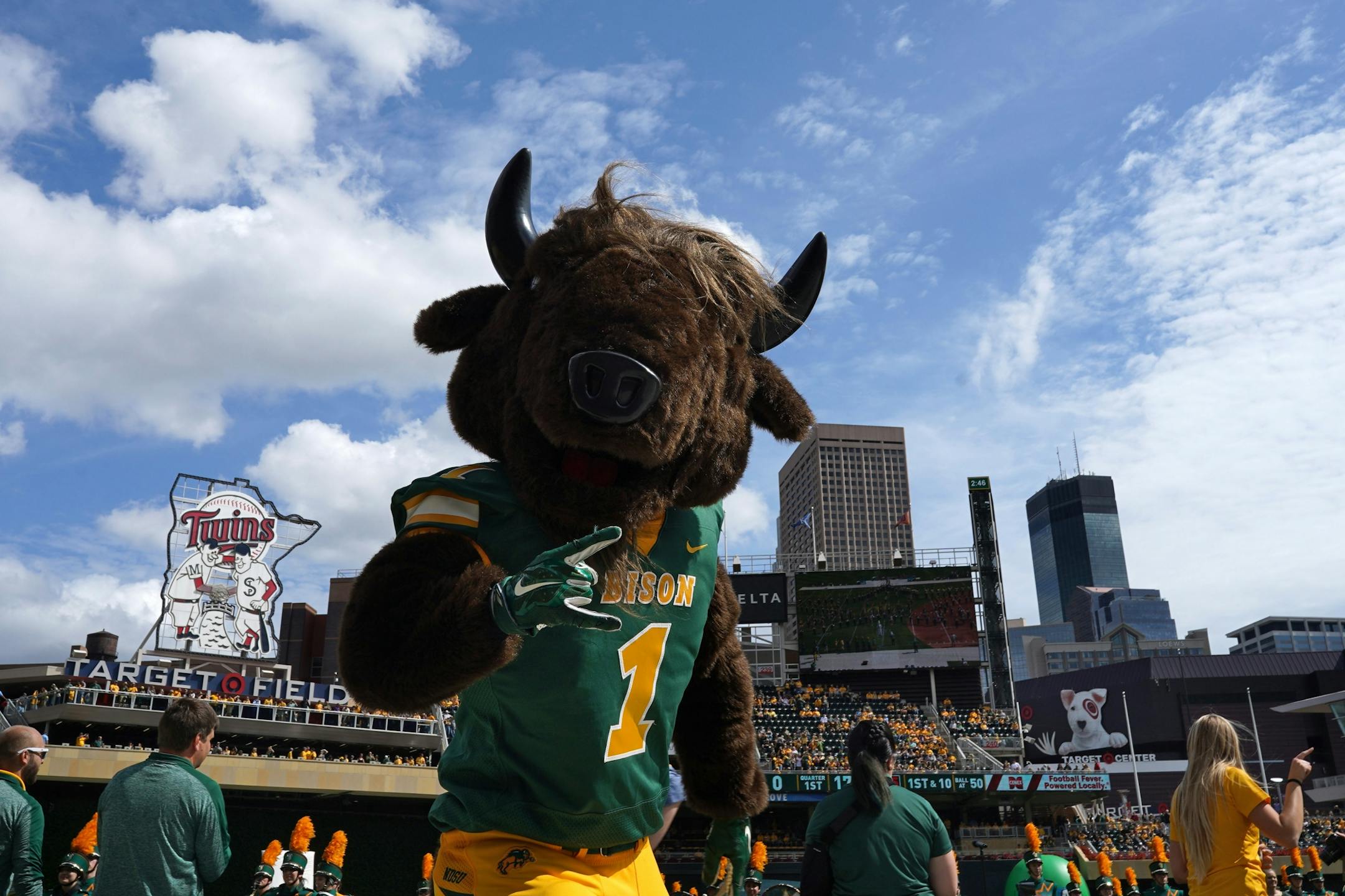 Thundar the North Dakota State Bison mascot rallied the crowd before Saturday's game against the Butler Bulldogs.