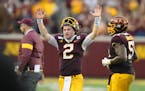 Gophers quarterback Tanner Morgan celebrated after his game-winning touchdown throw to Tyler Johnson