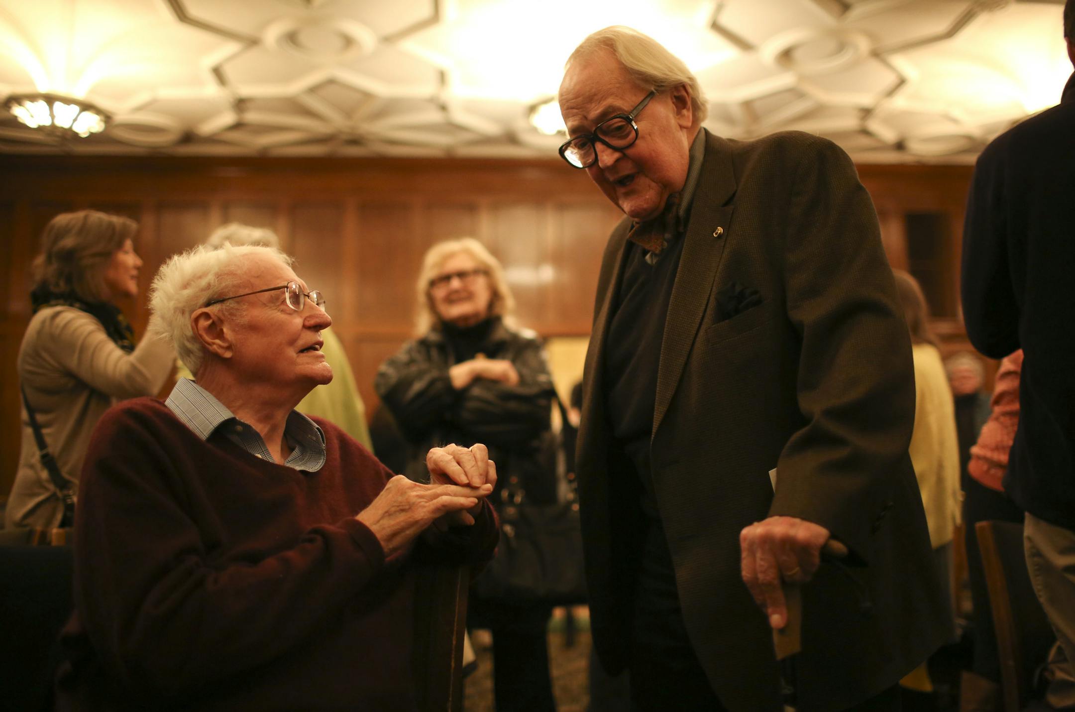Dudley Riggs visited with Robert Bly, seated, after Bly's reading at the University Club Tuesday night. ] JEFF WHEELER ‚Ä¢ jeff.wheeler@startribune.com Robert Bly headlined a group of four notable poets on Tuesday evening, April 15, 2014 at the Carol Connolly's monthly Readings by Writers event at the University Club in St. Paul. Bly is 87 and nearing the end of his long and venerable career.