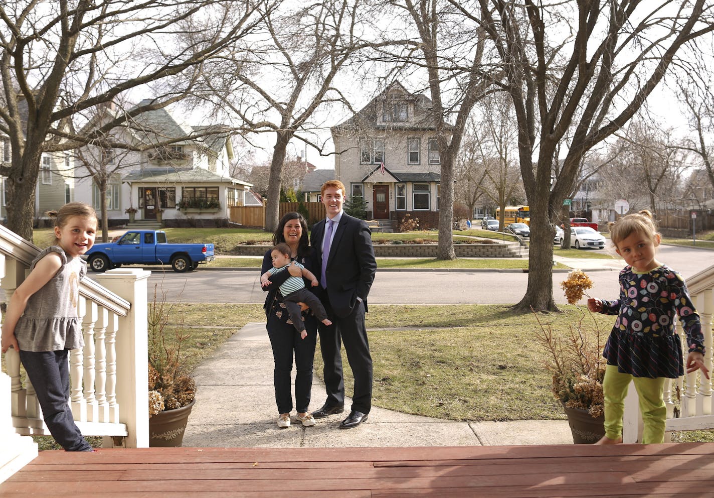 Michael and Emily Reif and their kids, Nate, 7 months; Katie, 4, left, and Allie, 2, live across the street from a sober house in St. Paul&#x2019;s Merriam Park. The neighborhood has several such homes.