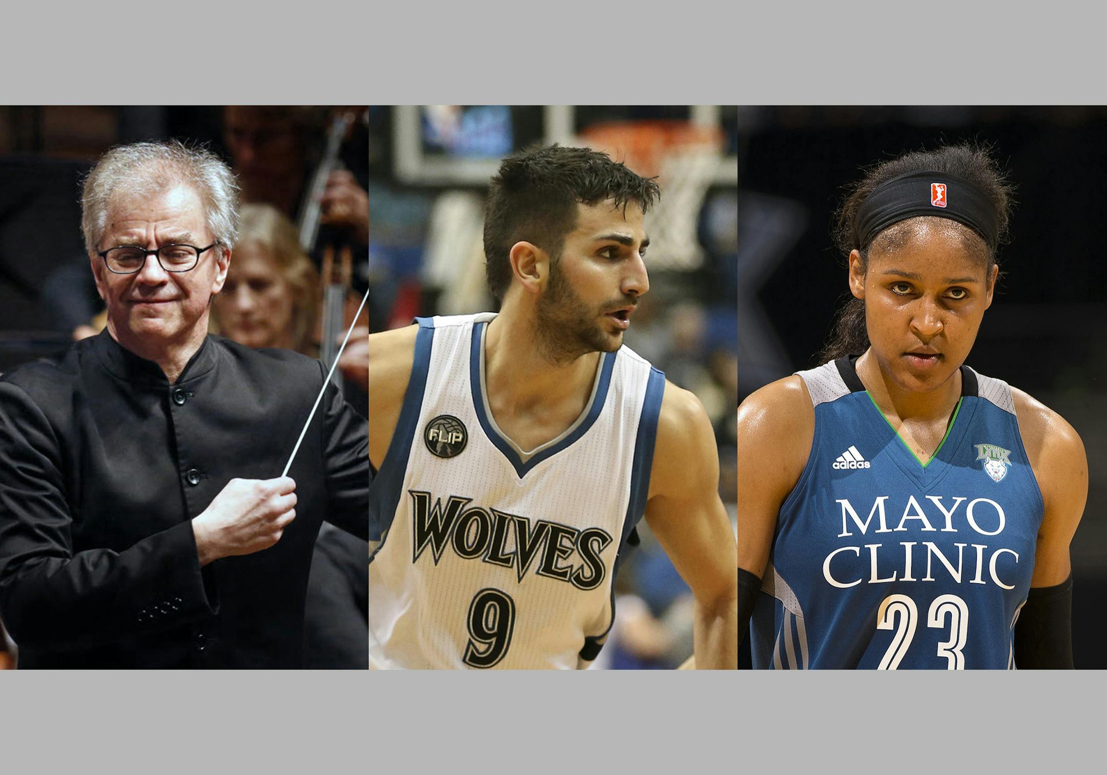 From left, Osmo Vanska, conductor of the Minnesota Orchestra; Timberwolves guard Ricky Rubio; Minnesota Lynx forward Maya Moore.