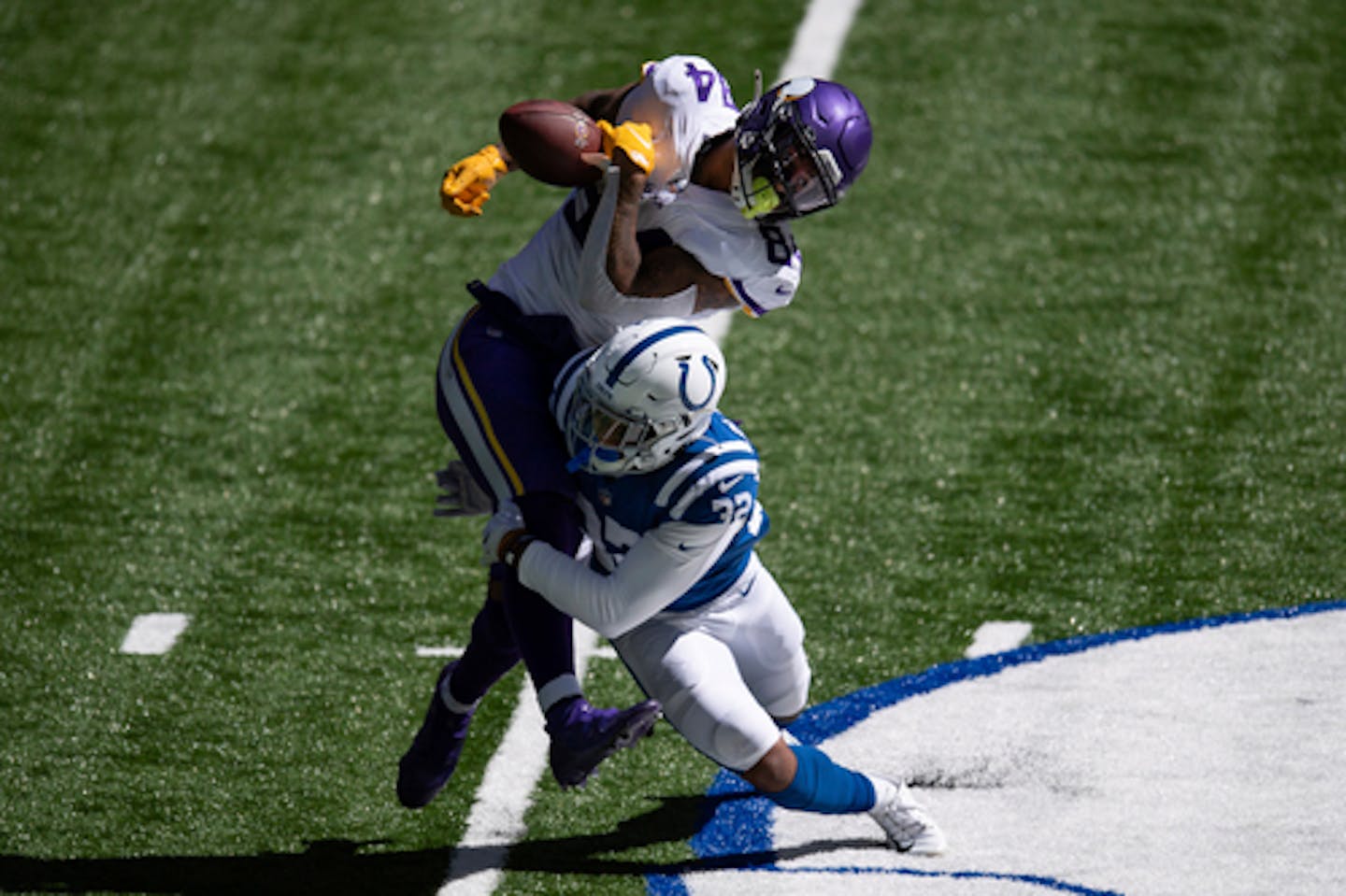 Indianapolis Colts safety Julian Blackmon (32) breaks up a pass intended for Minnesota Vikings tight end Irv Smith Jr. (84) during an NFL football game between the Indianapolis Colts and Minnesota Vikings, Sunday, Sept. 20, 2020, in Indianapolis. (AP Photo/Zach Bolinger)