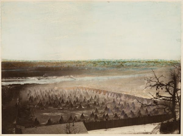 Benjamin Franklin Upton’s 1862 photograph shows river mist shrouding Fort Snelling’s fenced yard of tepees where Dakota refugees were being held a