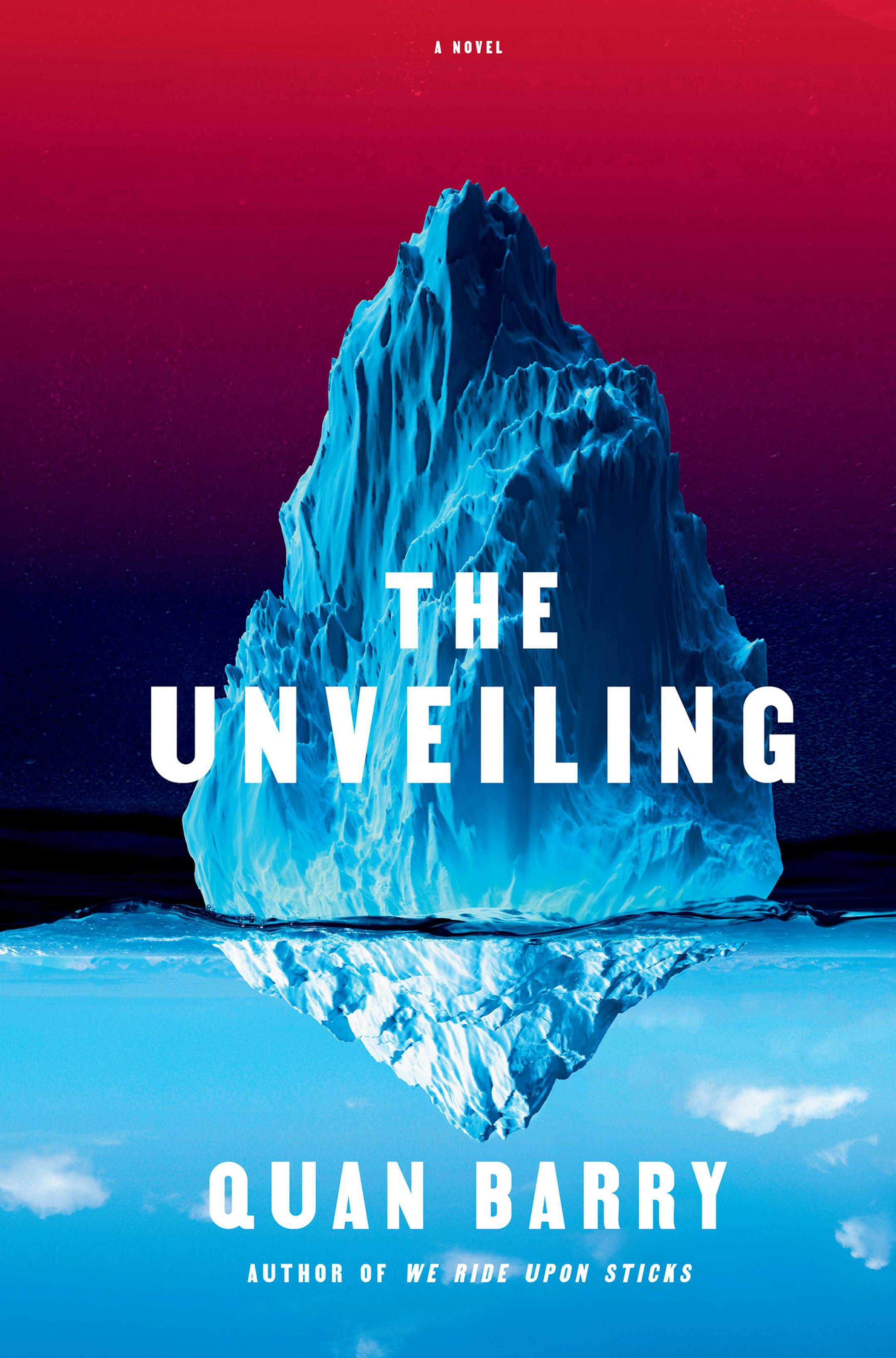 against a blood-red backdrop, The Unveiling's cover features an image of a blue iceberg