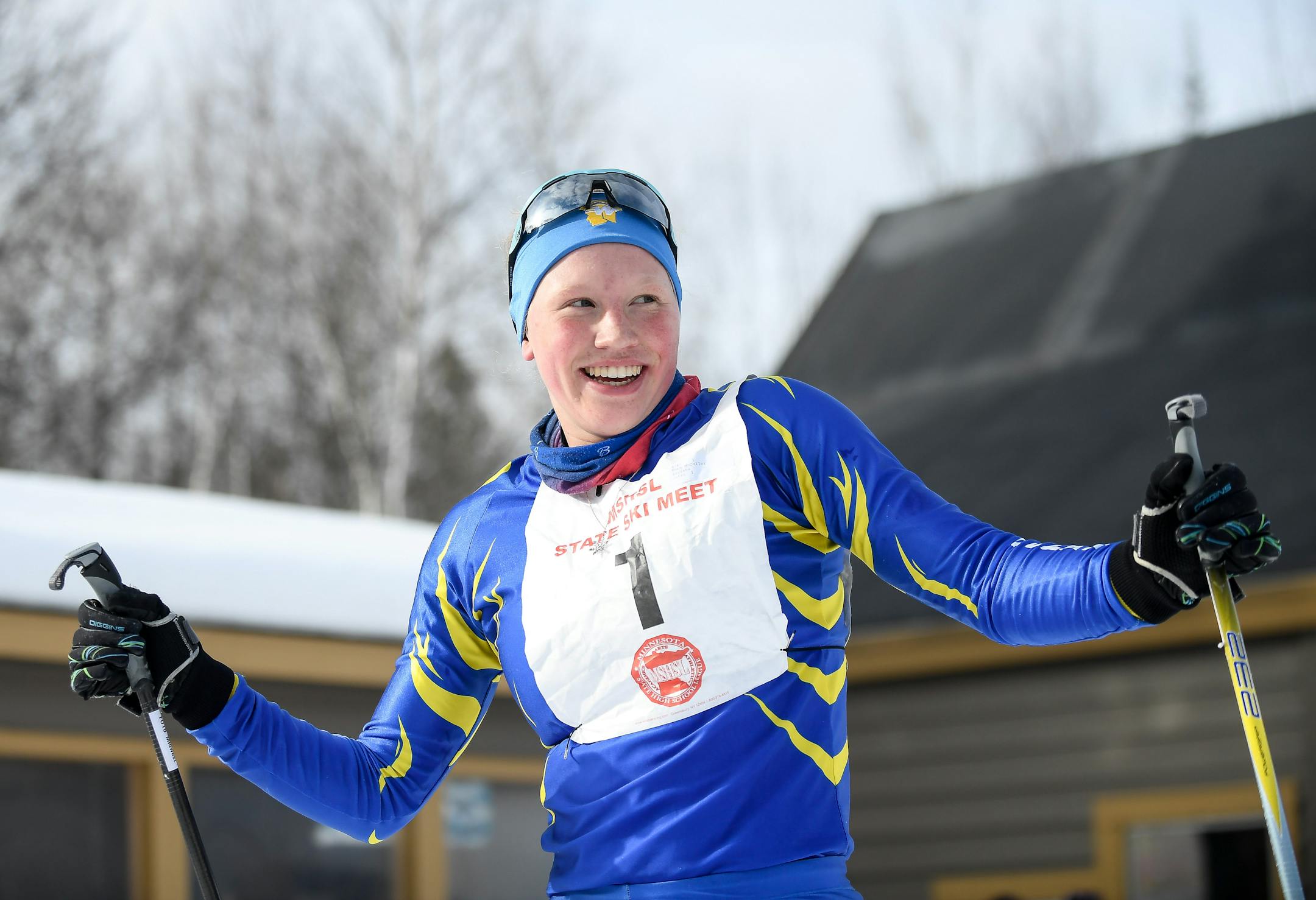 Wayzata's Mara McCollor reacted after she crossed the finish line during the classic 5k race at the cross-country skiing state meet at Giants Ridge in Biwabik.