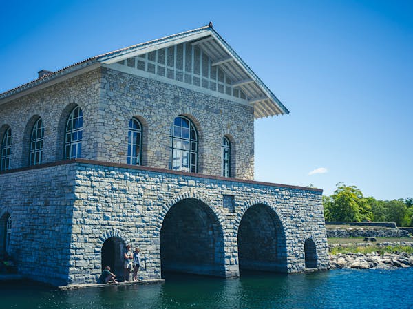 The stone boathouse and Viking Hall at Chester Hjortur Thordarson's former estate on Rock Island, Wis., in August 2023. Thordarson, an Icelandic Ameri