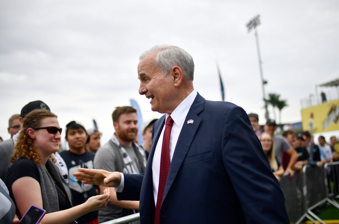 Minnesota Governor Mark Dayton greeted Minnesota United fans before the start of Friday night's announcement ceremony of their team's move to the MLS in 2017. ] (AARON LAVINSKY/STAR TRIBUNE) aaron.lavinsky@startribune.com Major League Soccer Commissioner Don Garber, Minnesota United majority owner Dr. William McGuire, Minnesota Governor Mark Dayton and St. Paul Mayor Chris Coleman took part in an event announcing Minnesota United FC's move to the MLS Friday, August 19, 2016 at CHS Field in St. P