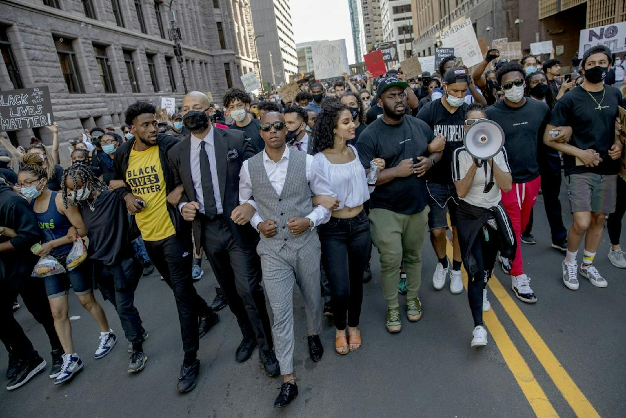 Hundreds of people marched in "No Bail" 10K March that started at U.S. Bank and ended closing the 35W bridge in both directions, Sunday, May 31, 2020, in Minneapolis.