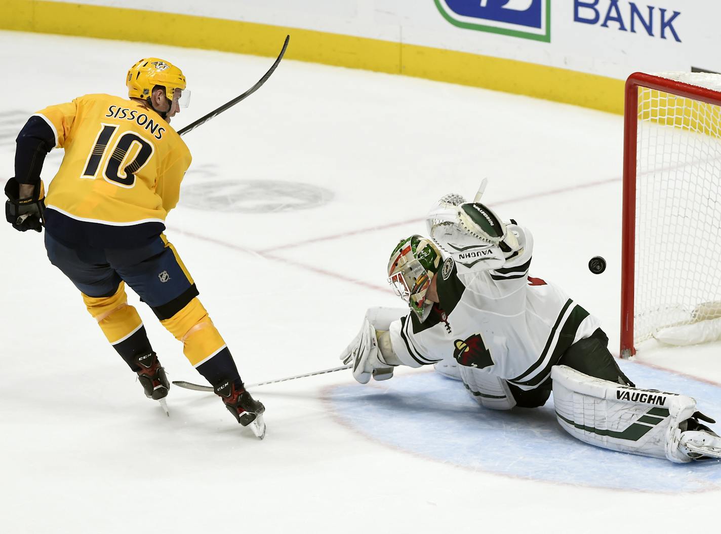 Nashville Predators center Colton Sissons scored a goal against Wild goaltender Alex Stalock on Oct. 24. The Predators won 4-0. (AP Photo/Mark Zaleski)