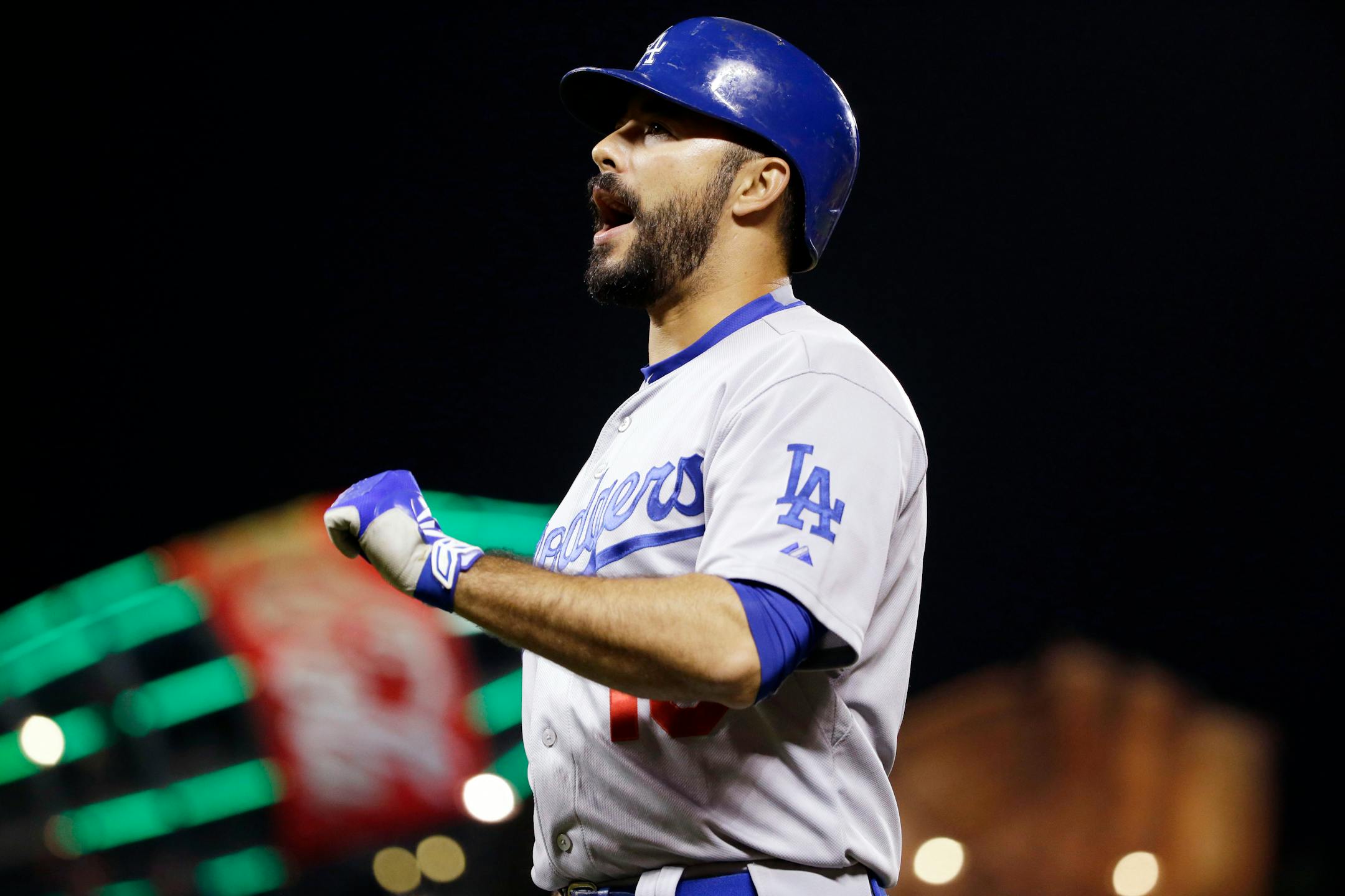 Los Angeles Dodgers' Andre Ethier reacts after driving in a run on a fielder's choice during the ninth inning of a baseball game against the San Francisco Giants, Monday, Sept. 28, 2015, in San Francisco. (AP Photo/Marcio Jose Sanchez)