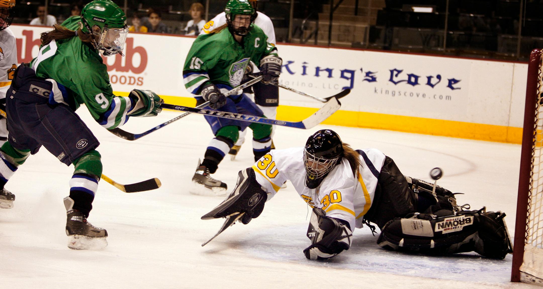 Blake's Sally Komarek shot the puck past Breck goalie Caitlin Berens in last year's Class 1A quarterfinals. Now a junior, Komarek leads the Bears (16-0-3) with 27 goals.