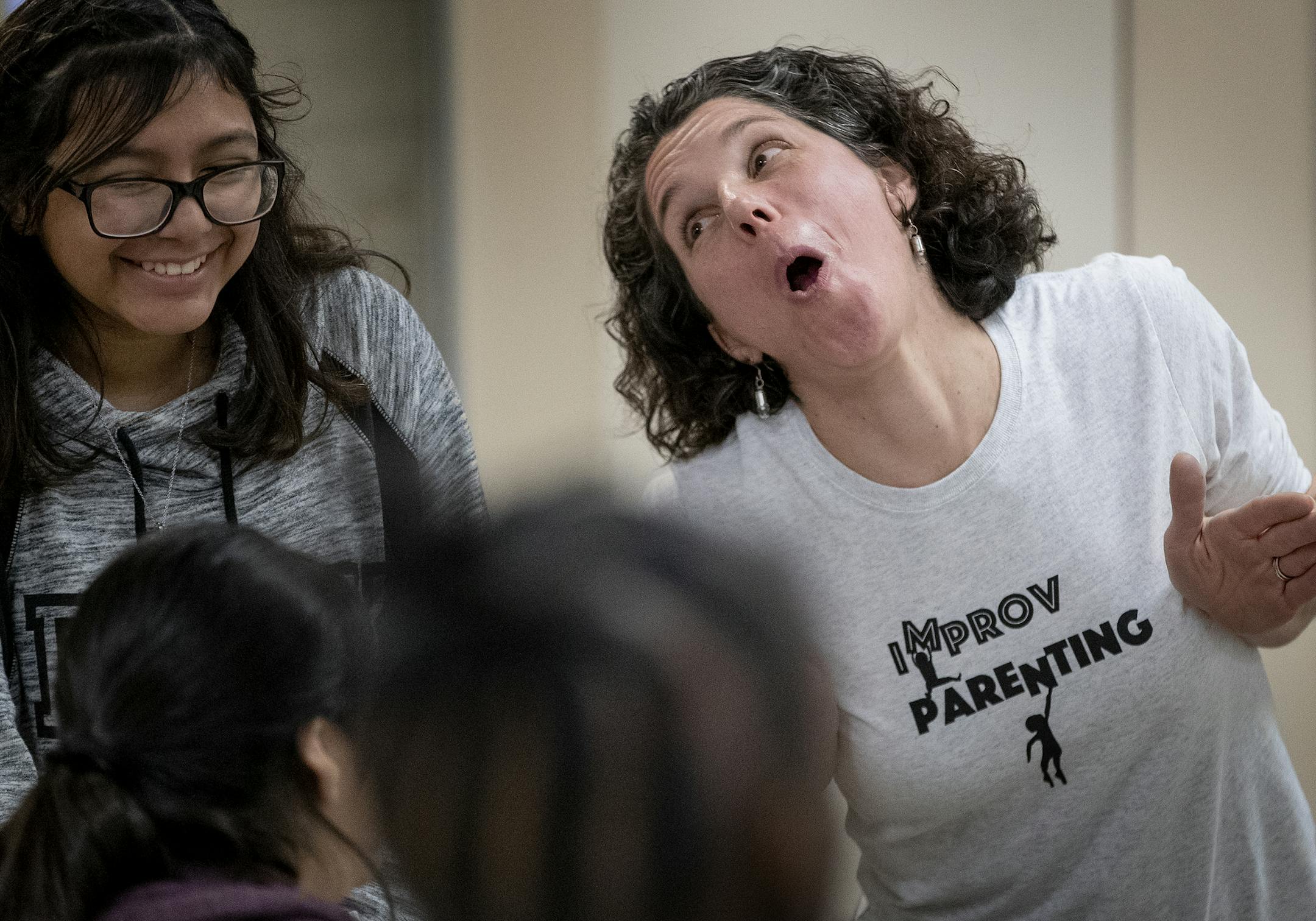 Keren Gudeman lead a group of students during an improv class at United Community School. ] CARLOS GONZALEZ ï cgonzalez@startribune.com ñ November 13, 2018, Minneapolis, MN, United Community School, Keren Gudeman started a new nonprofit that works with kids and parents. It's half improv and half a makers space. Libraries and schools are already booking her.