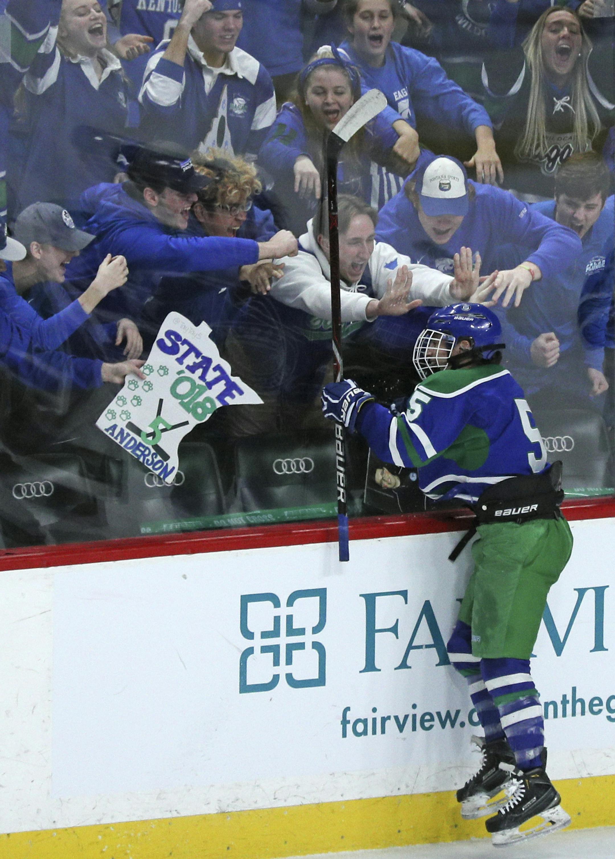 Eagenís Taylor Anderson gets aenthusiastic cheer from her classmates after scoring Eagenís 2nd goal in the 2nd period. ] Class 2A girls' hockey state tournament quarterfinals ï Centennial vs. Lakeville South
BRIAN PETERSON ï brian.peterson@startribune.com
St. Paul, MN 02/22/18