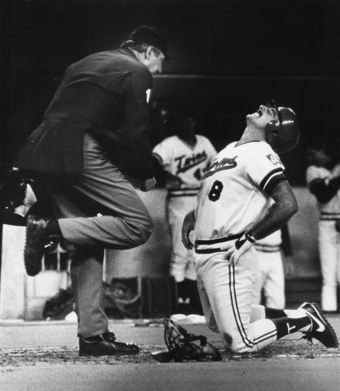 Minnesota Twin Gary Gaetti gets called out by umpire Bill Haller at home plate. Gaetti had tried to stretch a triple into an inside-the-park home run on April 6, 1982. This was the first ever regular season game played at the Metrodome. The Twins lost to the Seattle Mariners 11-7. Photograph by Minneapolis Star and Tribune staff photographer Regene Radniecki. ORG XMIT: MIN2013122600545431