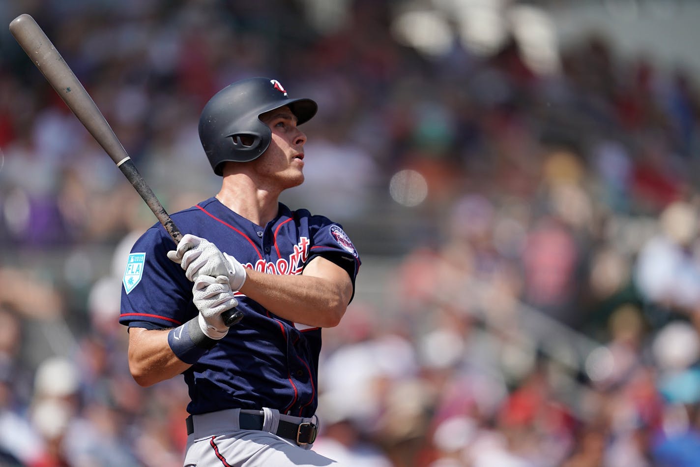 Minnesota Twins right fielder Max Kepler (26) watched as his ball sailed over the wall for a home run in his first at bat during Sunday's game.