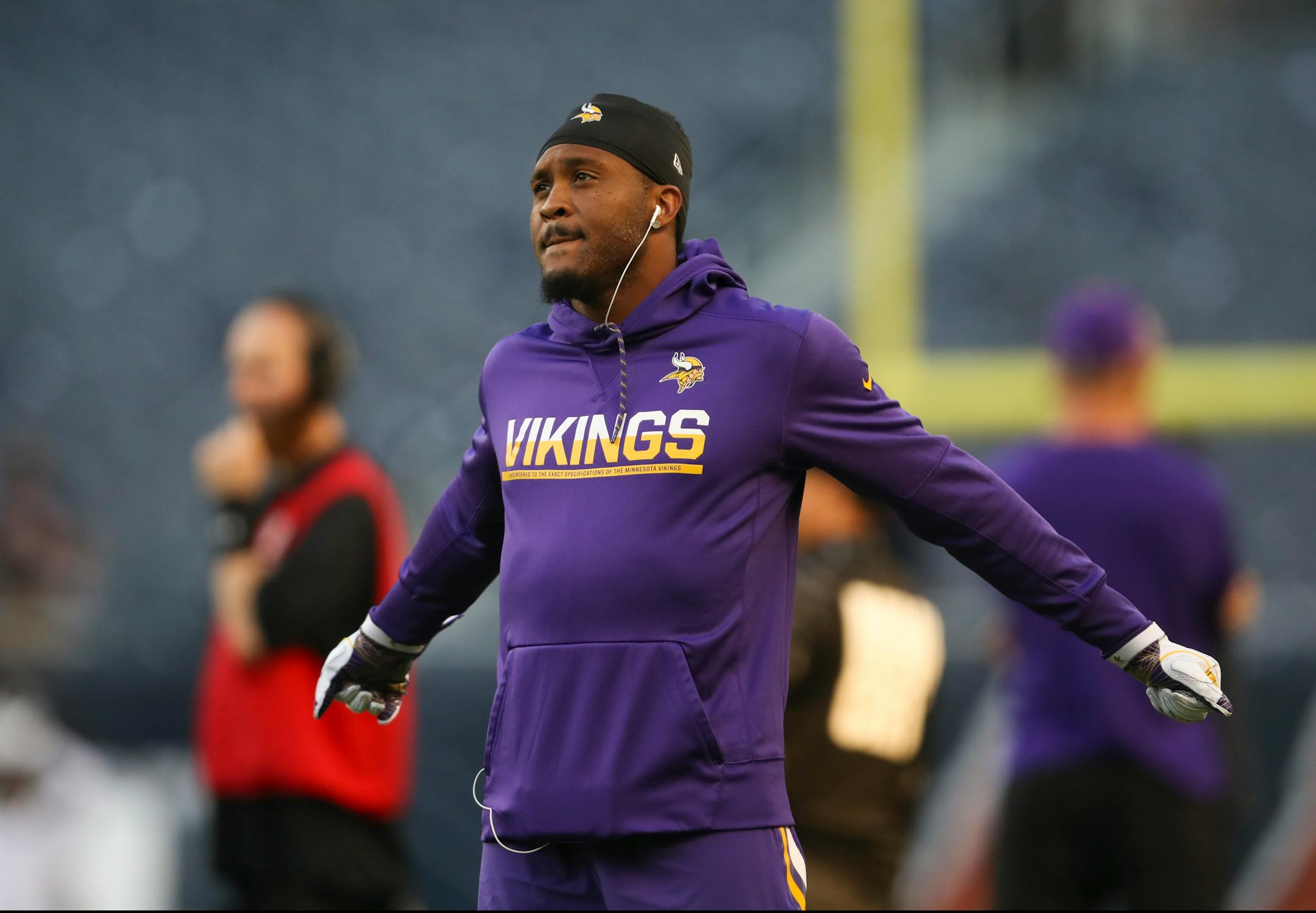 Vikings wide receiver Michael Floyd, activated today, loosened up during warmups before Monday night's game.