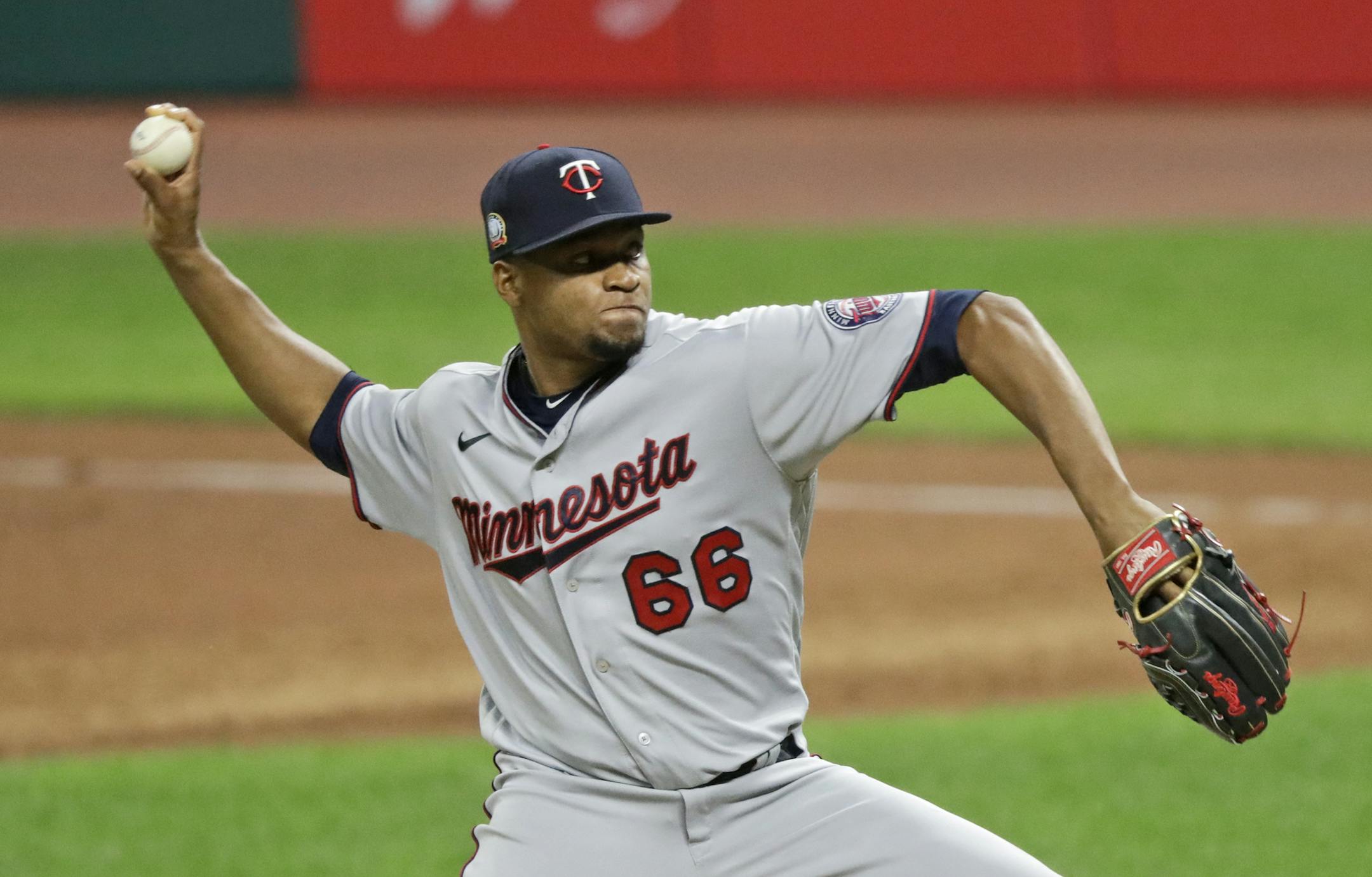 Minnesota Twins relief pitcher Jorge Alcala delivers in the sixth inning in a baseball game against the Cleveland Indians, Tuesday, Aug. 25, 2020, in Cleveland. (AP Photo/Tony Dejak)