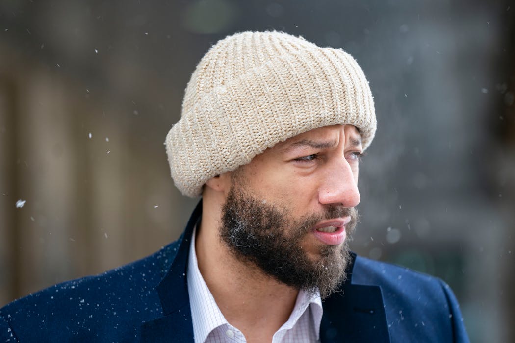 Former NBA player Royce White announced his candidacy Feb. 22 for the Fifth Congressional District on outside the Federal Reserve Bank of Minneapolis.