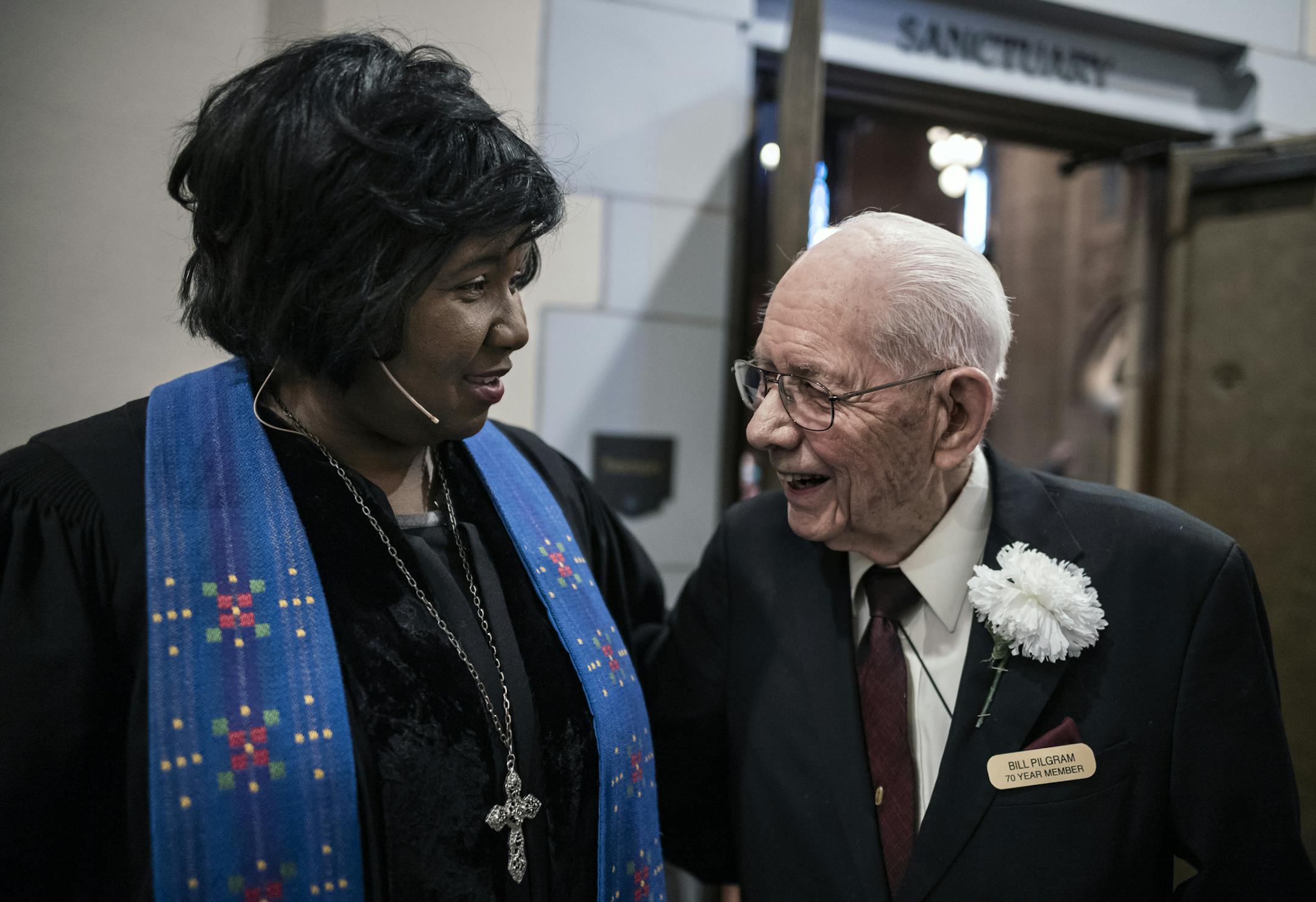 At Sunday service, Bill Pilgram greets pastor Frenchye McGee. Hennepin United Methodist Church was one of the first to integrate in the 1950's. Pilgram truly takes great pleasure in meet his fellow parishioners on Sunday. He has also put in countless hours on various maintenance projects at this church.] Bill Pilgram will be recycling at this church and hanging out with his friends. Feature on 101-year old usher RICHARD TSONG-TAATARII ¥ richard.tsong-taatarii@startribune.com